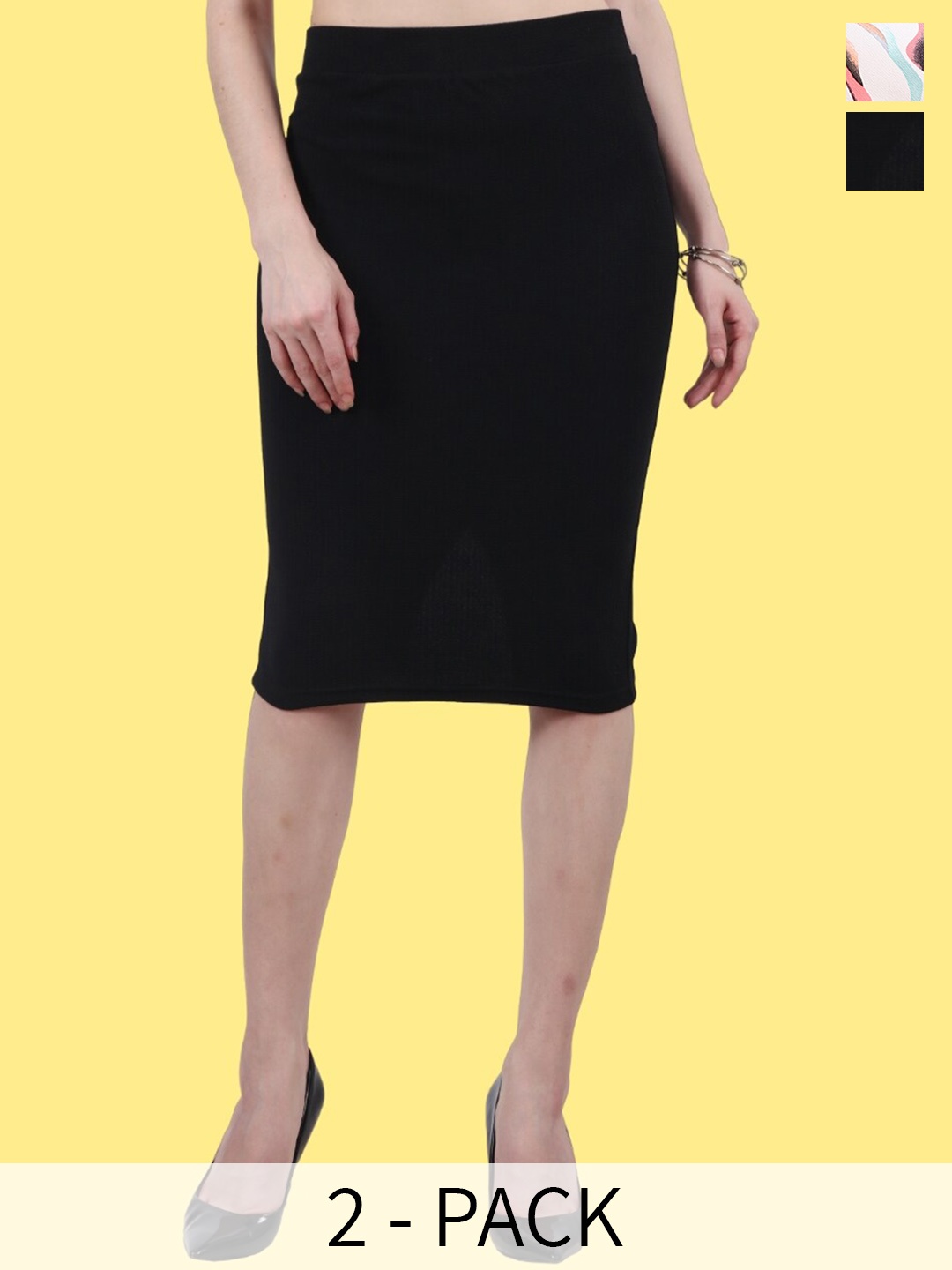 

Popwings Pack Of 2 Printed Pencil Above Knee Length Skirts, Black