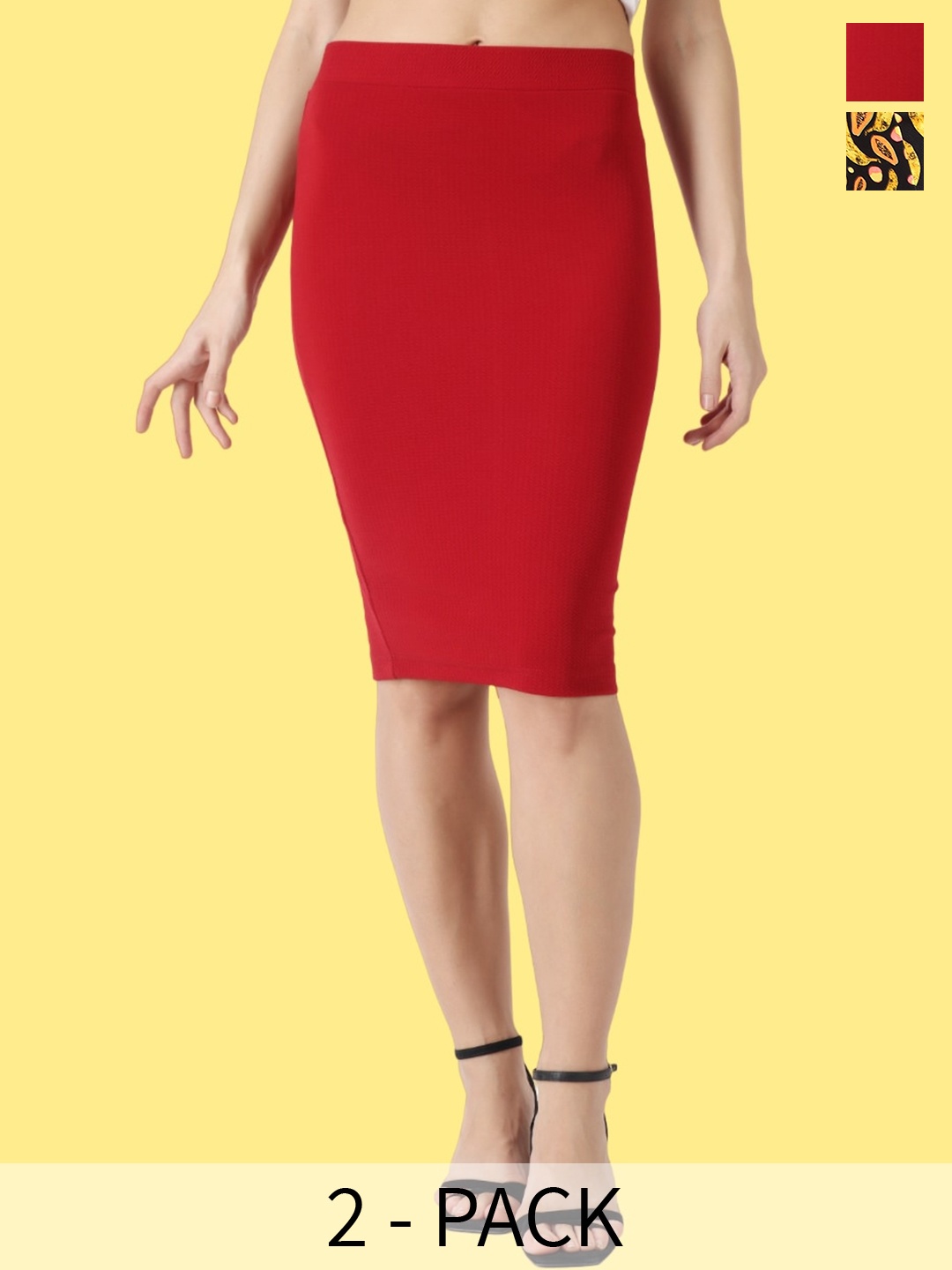 Popwings Pack Of 2 Mid Rise Pencil Skirts, Red