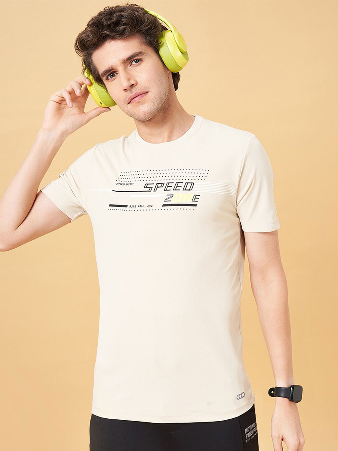 

Ajile by Pantaloons Typography Printed Round Neck Short Sleeves Slim Fit T-shirt, Beige