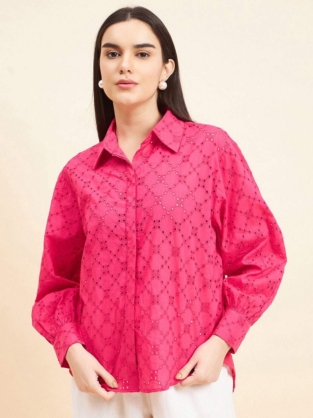 

Gipsy Comfort Textured Cotton Schiffli Casual Shirt, Pink