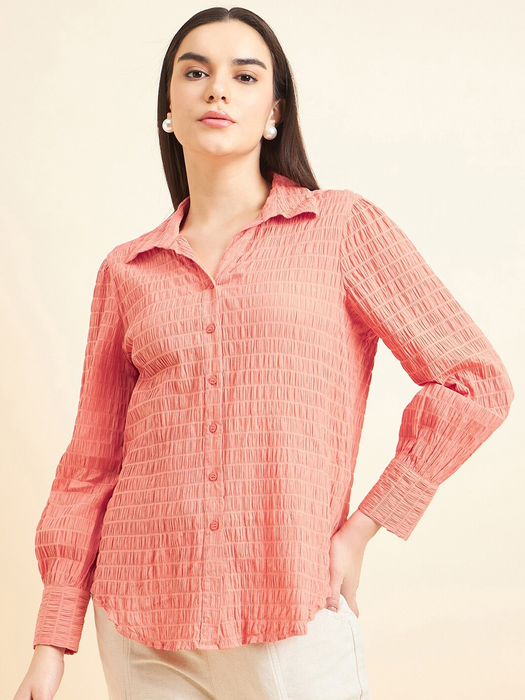 

Gipsy Comfort Textured Long Sleeves Cotton Casual Shirt, Orange