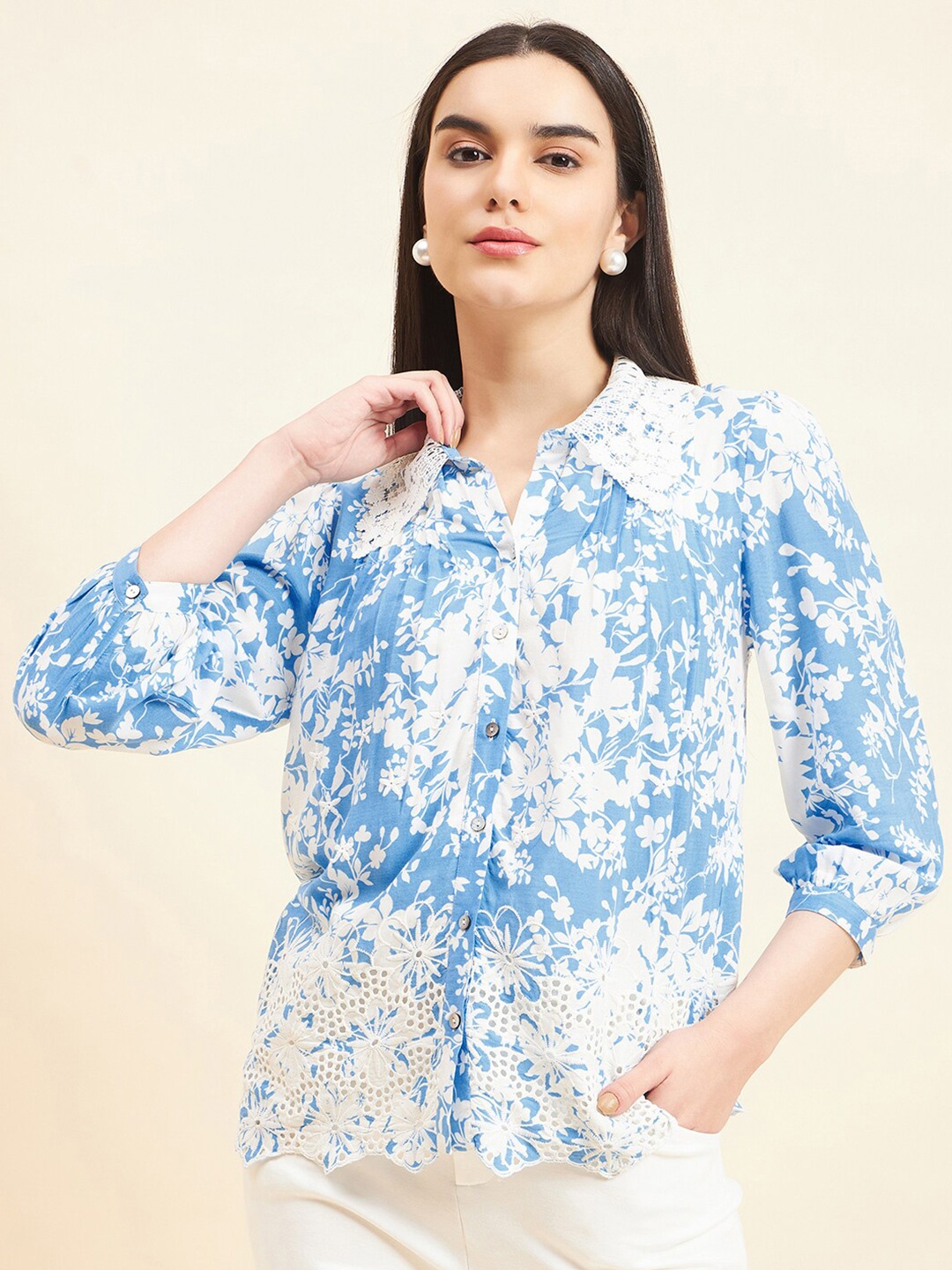 

Gipsy Comfort Floral Printed Lace Casual Shirt, Blue