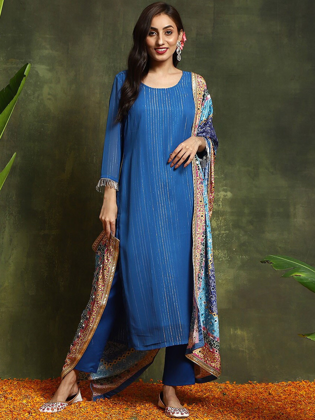 

AKS Couture Striped Regular Kurta with Trousers & Dupatta, Blue