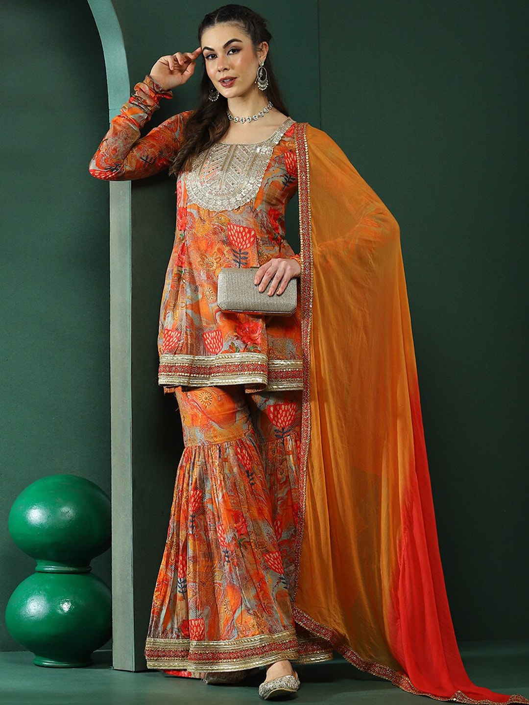 

AKS Couture Floral Yoke Design Thread Work Kurti With Sharara & Dupatta, Orange