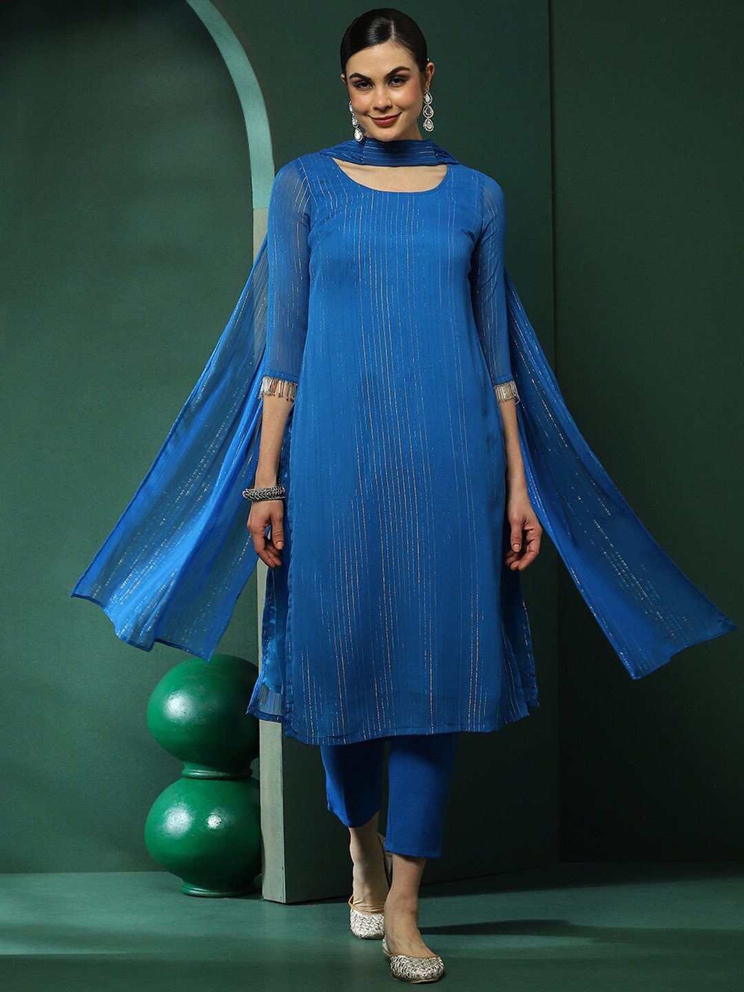 

AKS Couture Striped Zari Kurta With Trouser & Dupatta, Blue