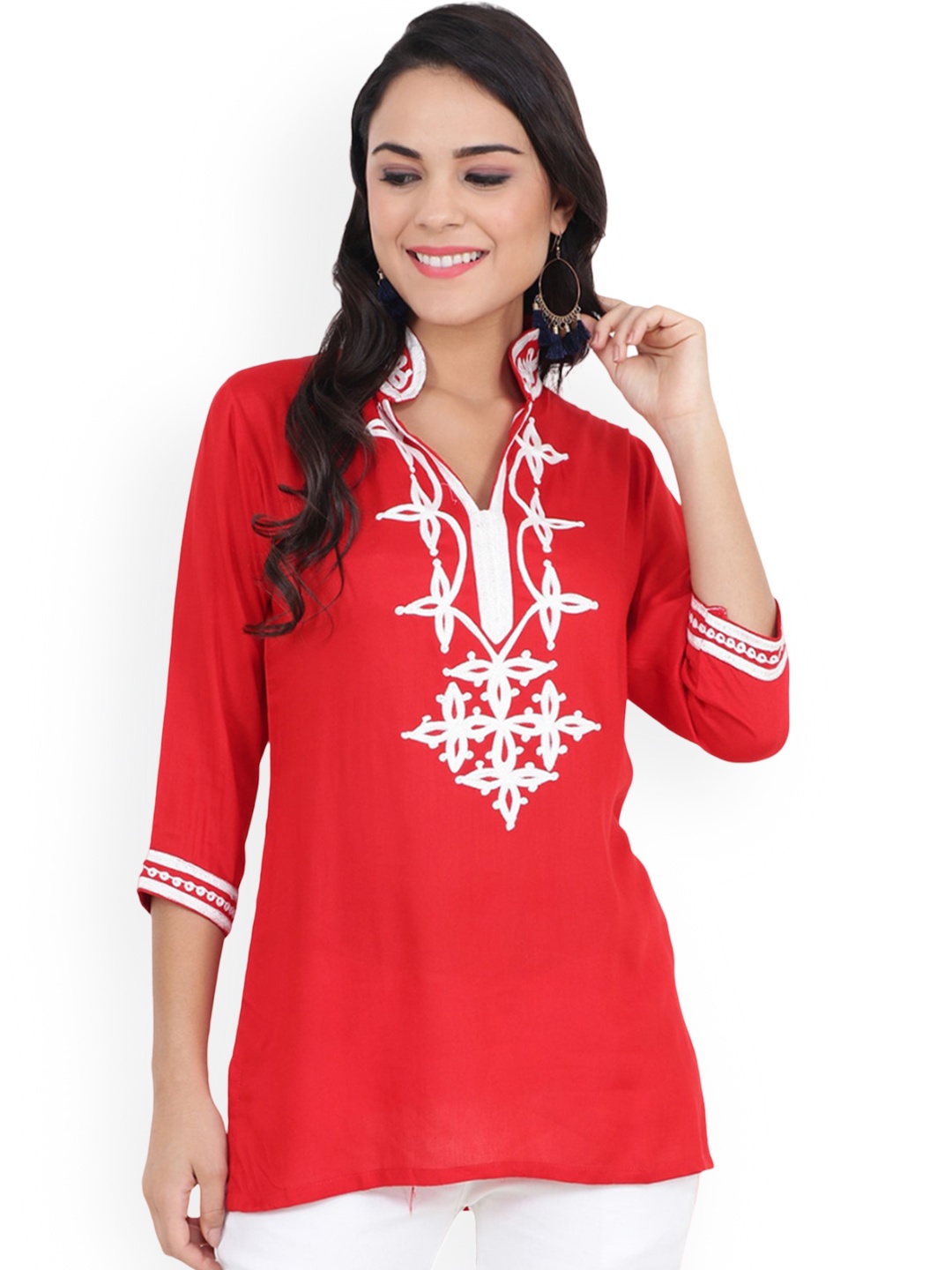 

CRAFTBAZAR Floral Yoke Design Thread Work Mandarin Collar A-Line Kurti, Red