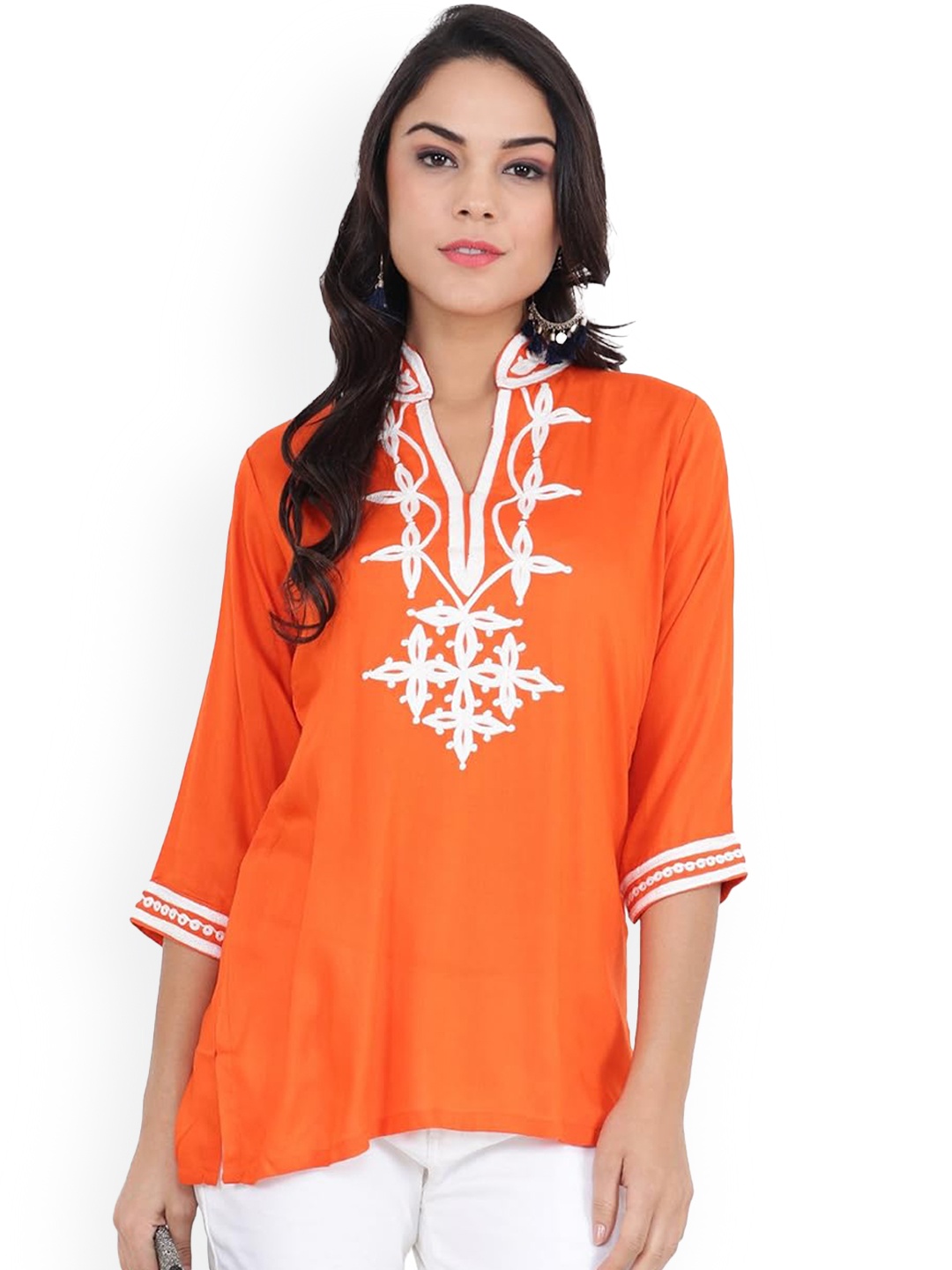 

CRAFTBAZAR Floral Yoke Design Zari Mandarin Collar A-Line Kurti, Orange