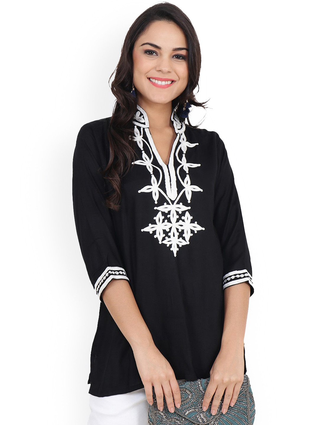 

CRAFTBAZAR Floral Yoke Design Thread Work Mandarin Collar A-Line Kurti, Black