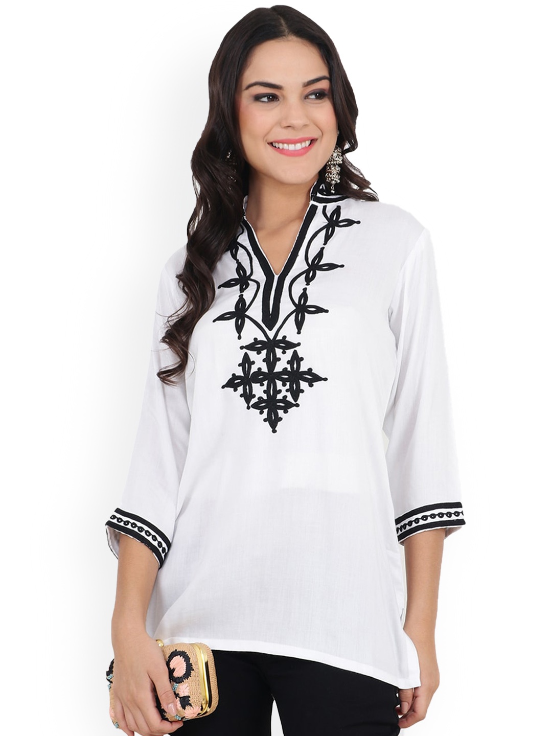 

CRAFTBAZAR Floral Yoke Design Thread Work Mandarin Collar A-Line Kurti, White