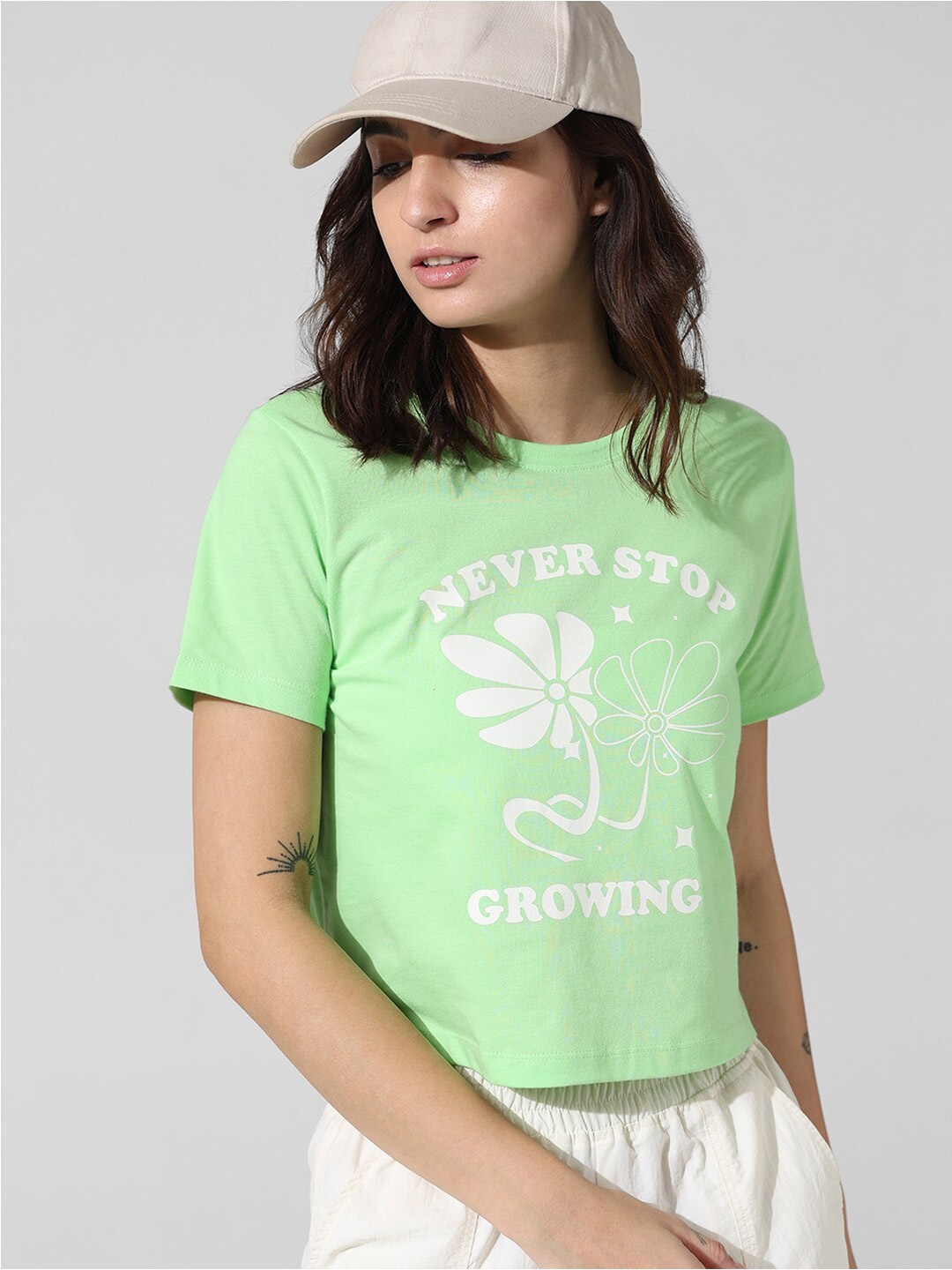 

ONLY Typography Printed Round Neck Pure Cotton T-shirt, Green