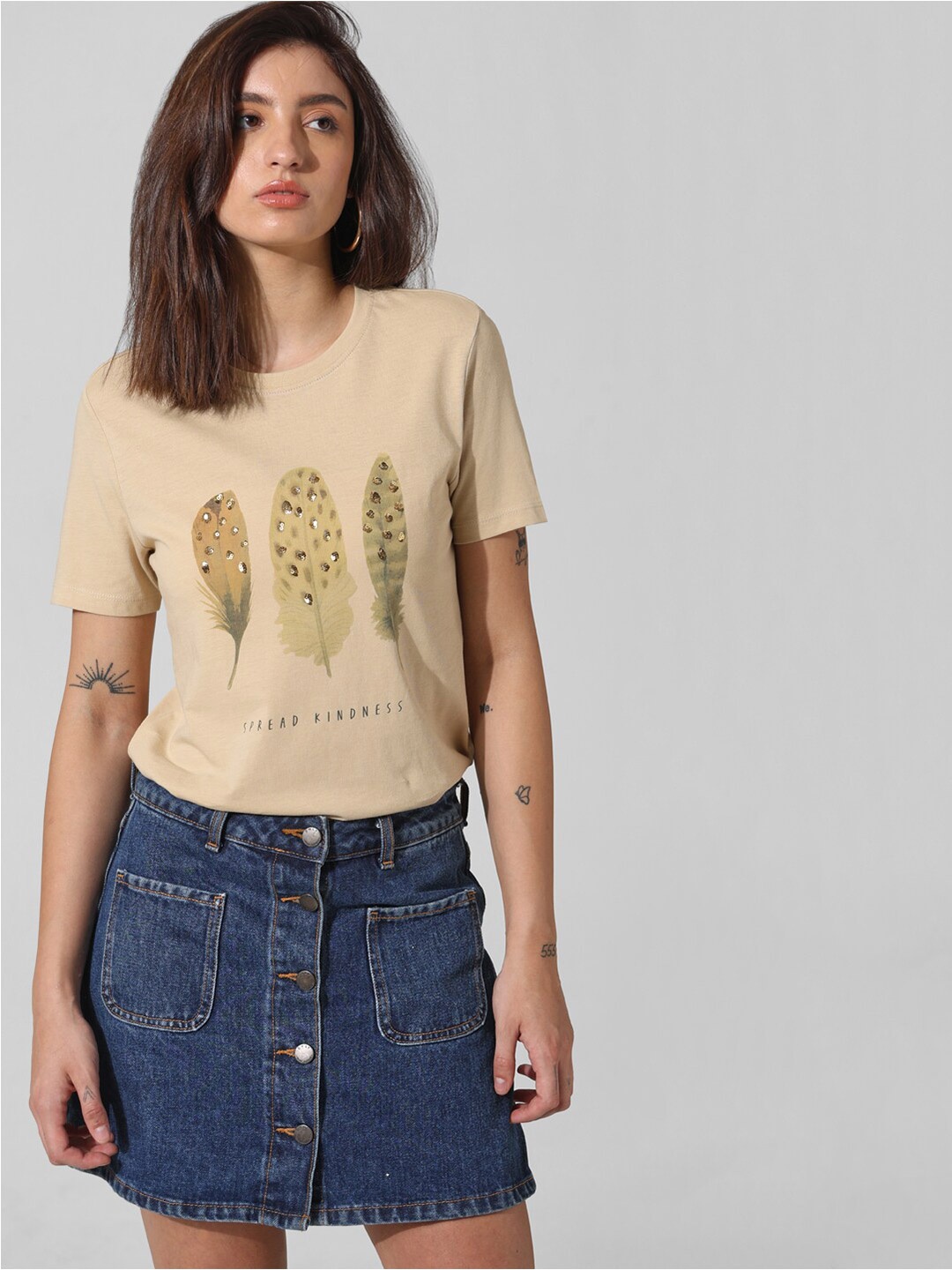 

ONLY Graphic Printed Round Neck Pure Cotton T-shirt, Khaki
