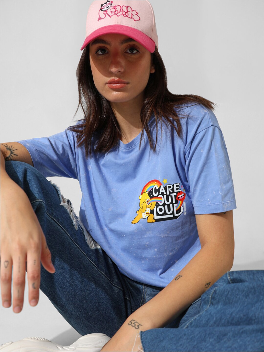 

ONLY Typography Printed Drop-Shoulder Sleeves Pure Cotton Oversized T-shirt, Blue