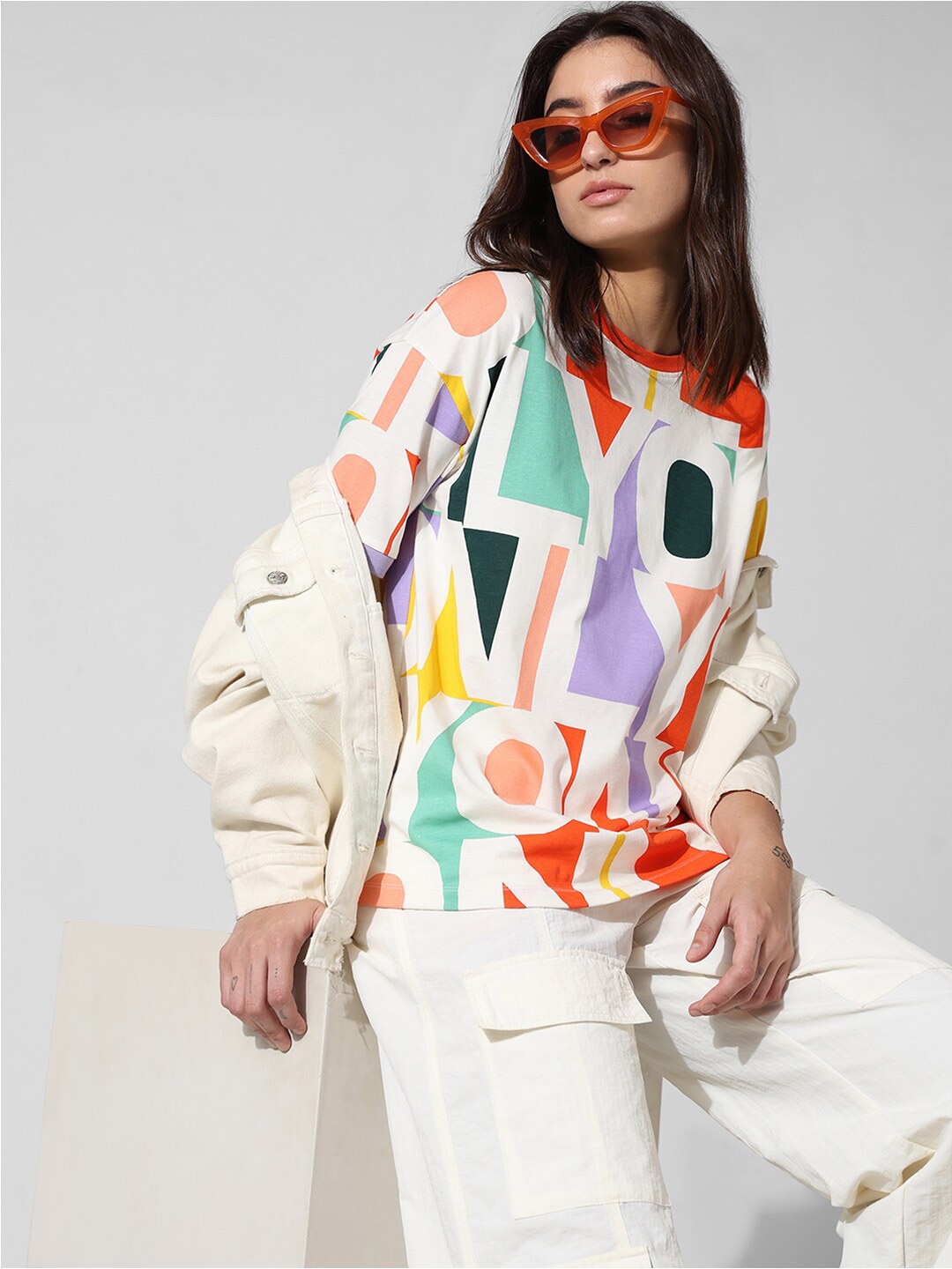ONLY Typography Printed Round Neck Pure Cotton Oversized T-shirt, White