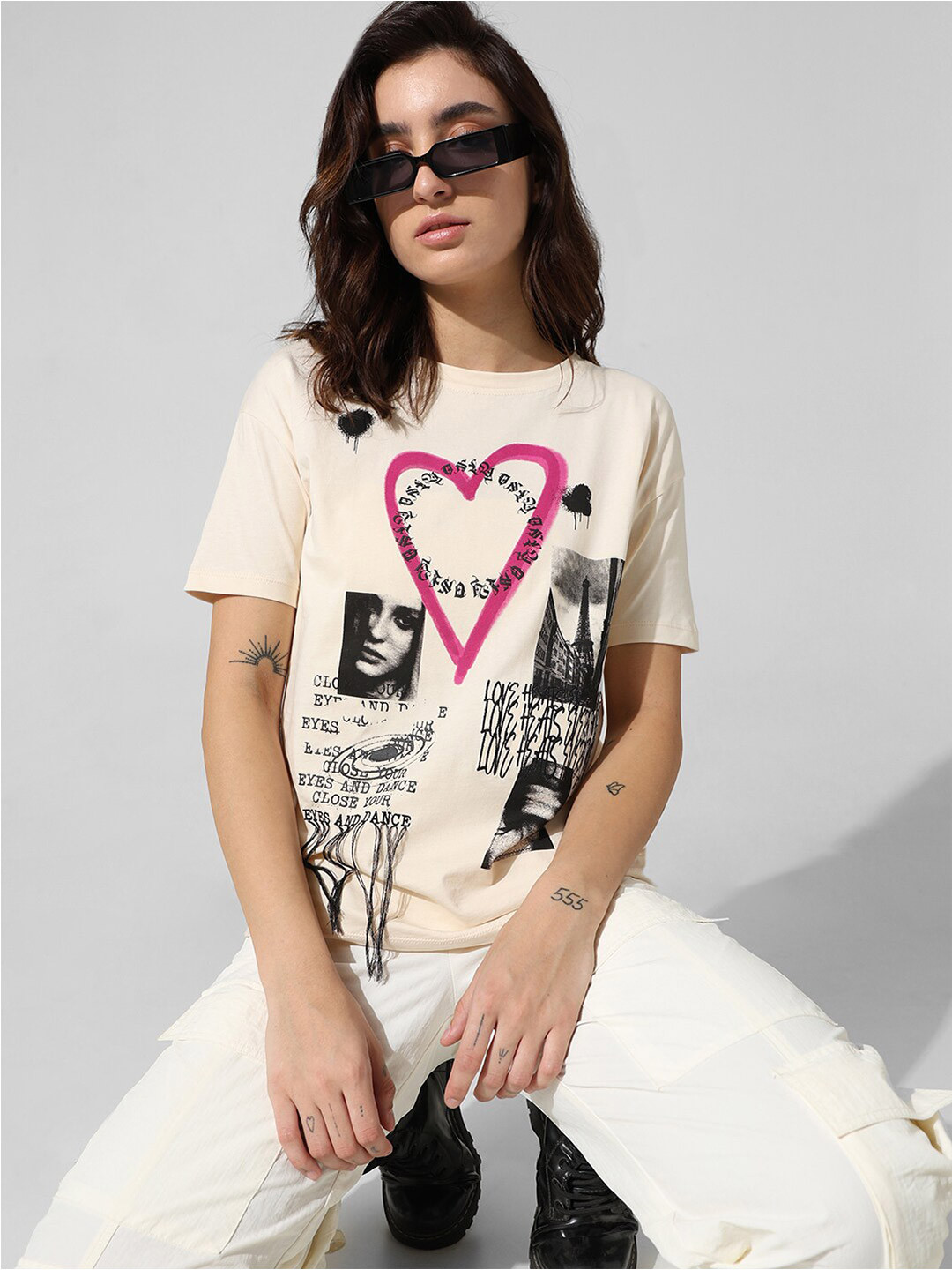 

ONLY Graphic Printed Round Neck Pure Cotton T-shirt, Beige