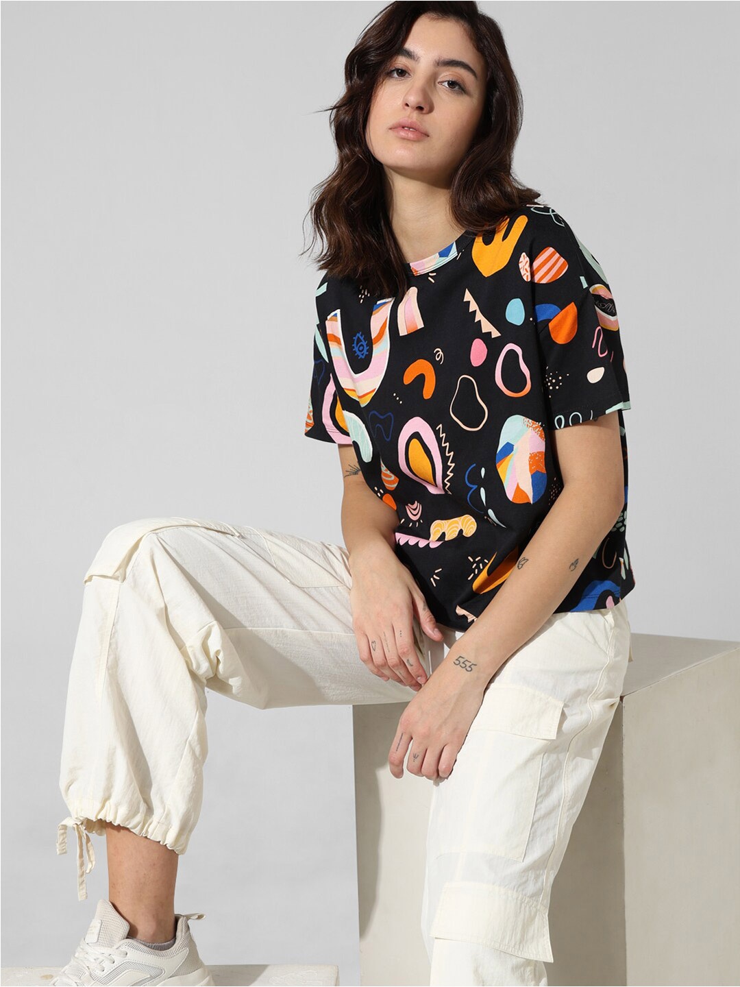 ONLY Conversational Printed Pure Cotton Boxy T-shirt, Black