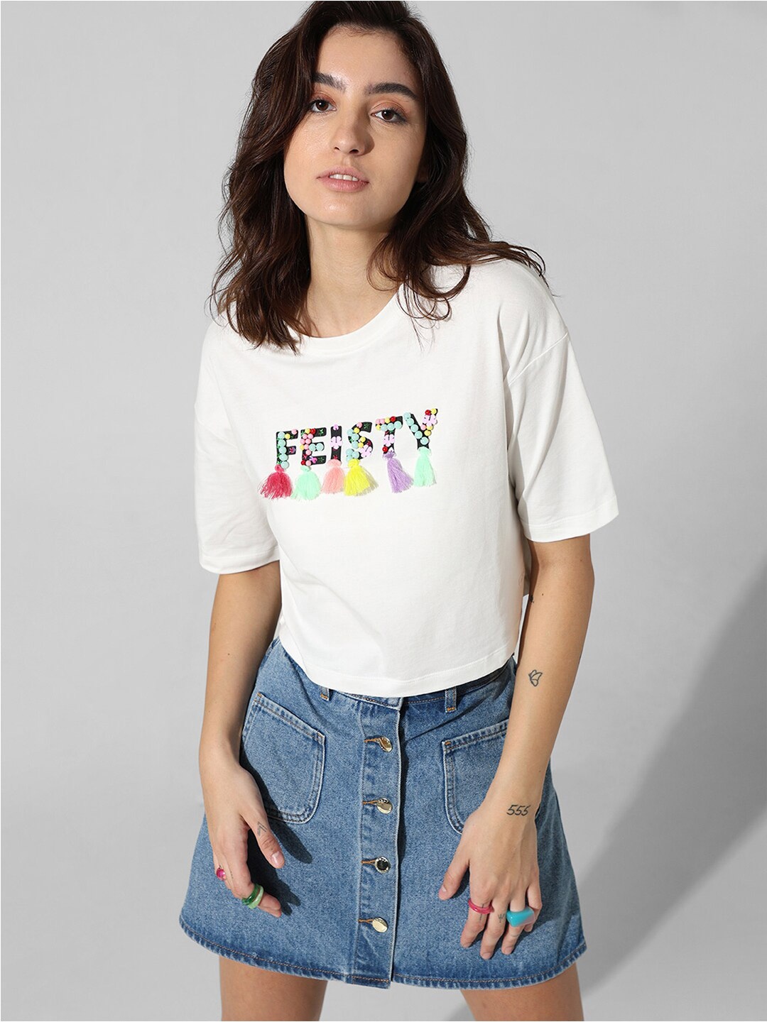 

ONLY Typography Printed Drop-Shoulder Sleeves Pure Cotton Boxy T-shirt, White