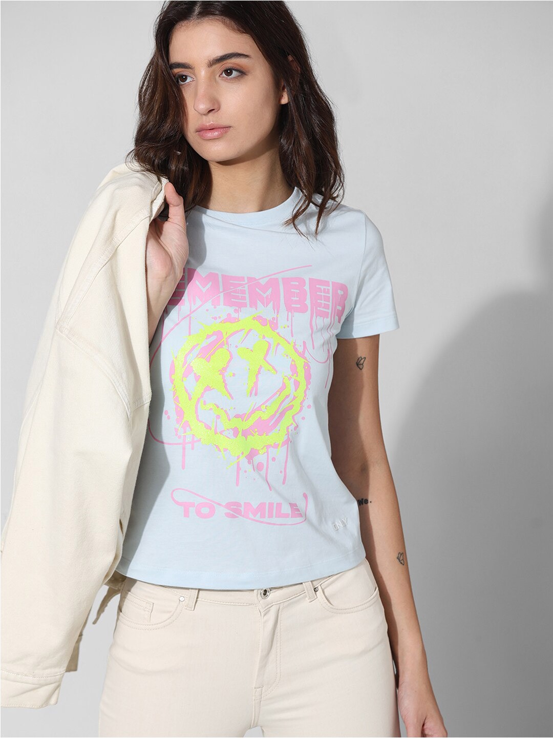 

ONLY Typography Printed Round Neck Pure Cotton T-shirt, Blue