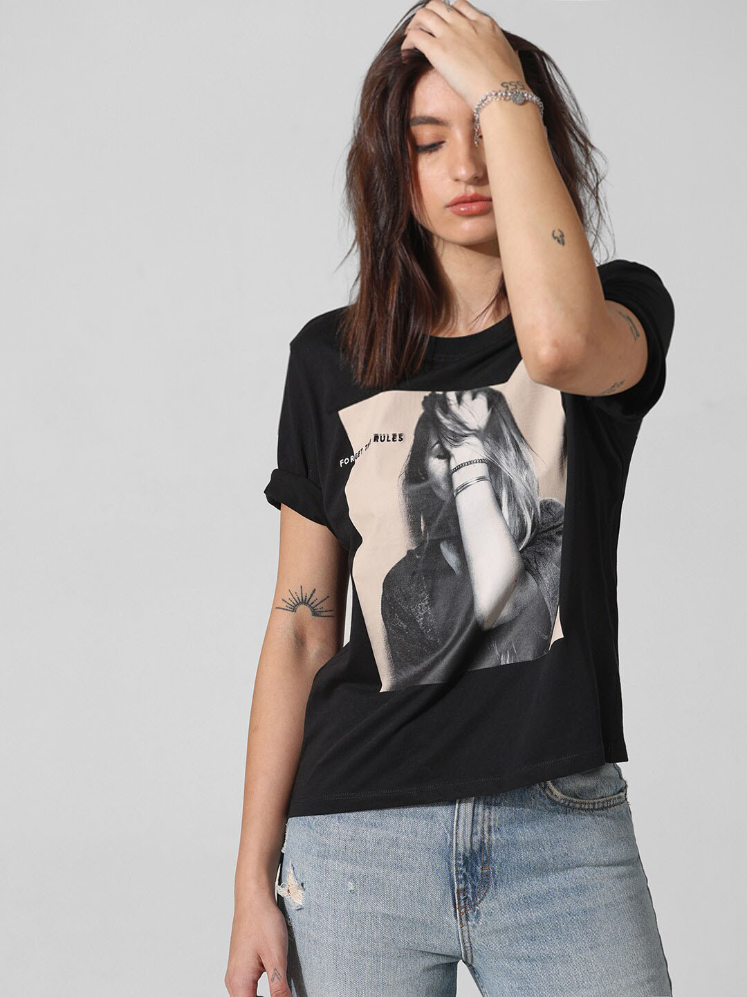 

ONLY Graphic Printed Pure Cotton T-shirt, Black