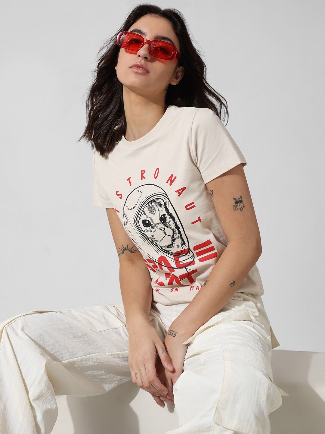 

ONLY Typography Printed Round Neck Pure Cotton T-shirt, Beige