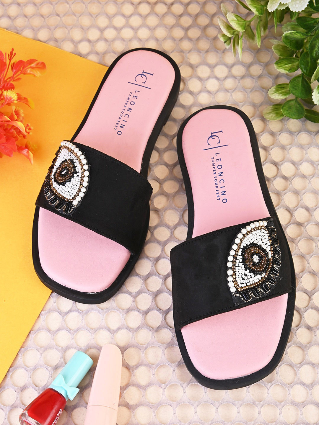 

LEONCINO Embellished Open Toe Flats, Black