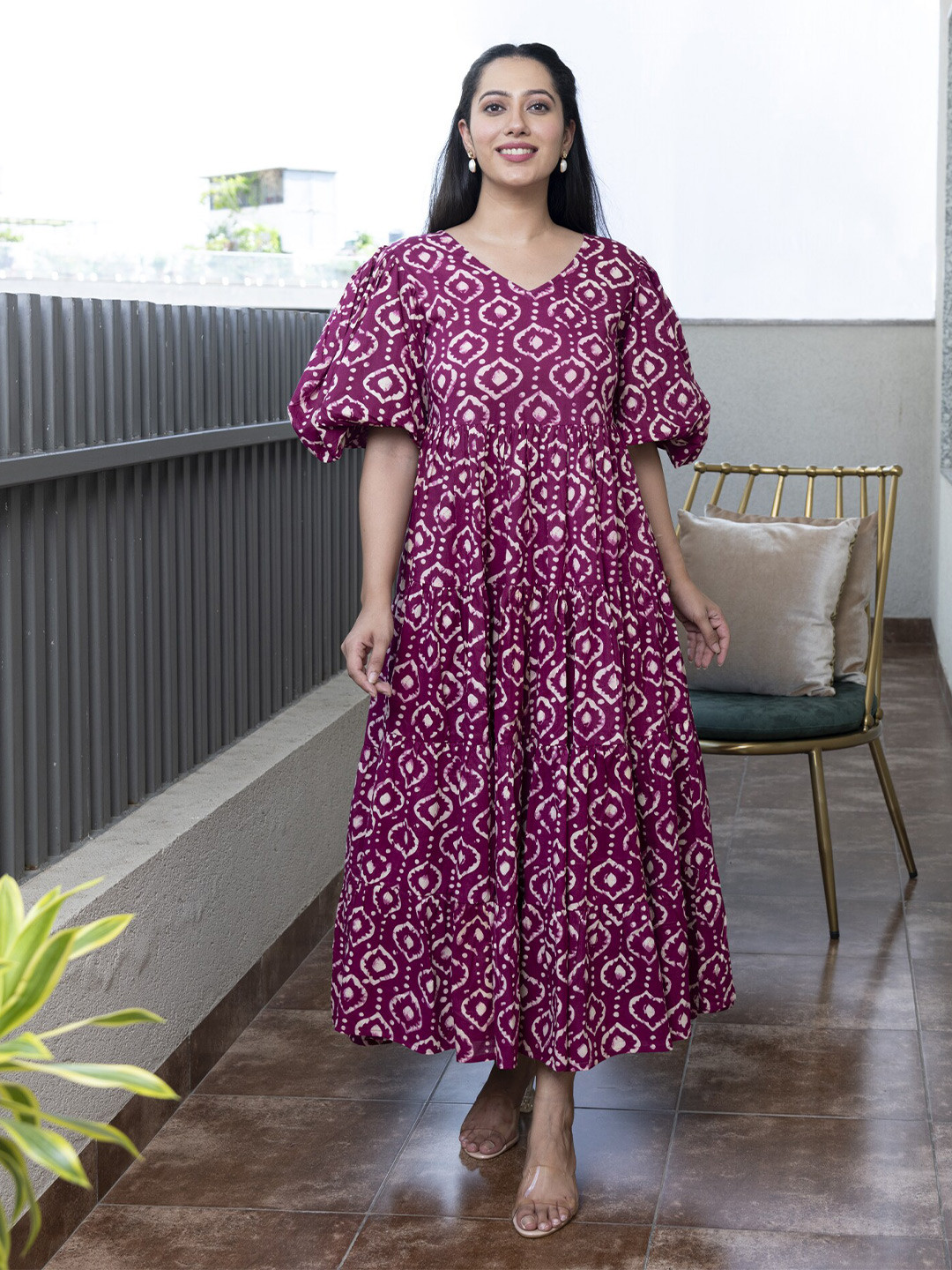 

Aaheli Floral Printed V-Neck Flared Sleeve Knee Length Cotton Maternity Fit & Flare Dress, Fuchsia