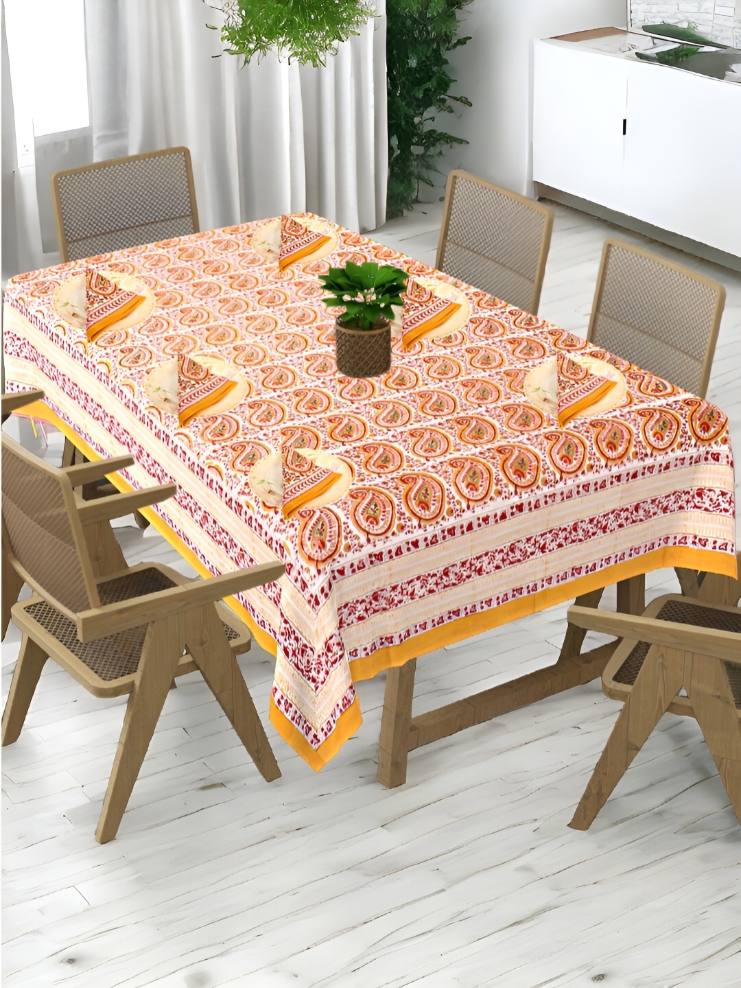 

Bohekant White Floral Cotton 6-Seater Table Cover