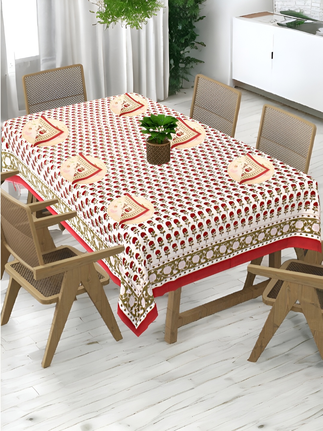 

Bohekant White Floral Cotton 6-Seater Table Cover