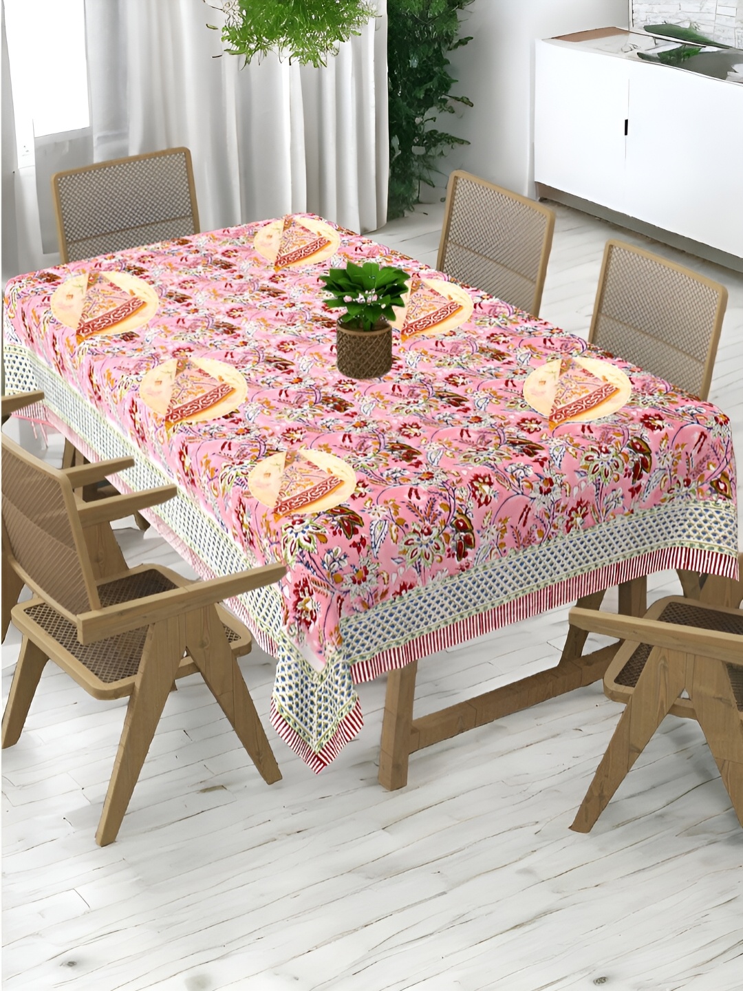 

Bohekant Pink Floral Cotton 6-Seater Table Cover