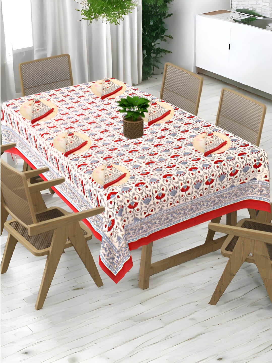 

Bohekant White Floral Cotton 6-Seater Table Cover