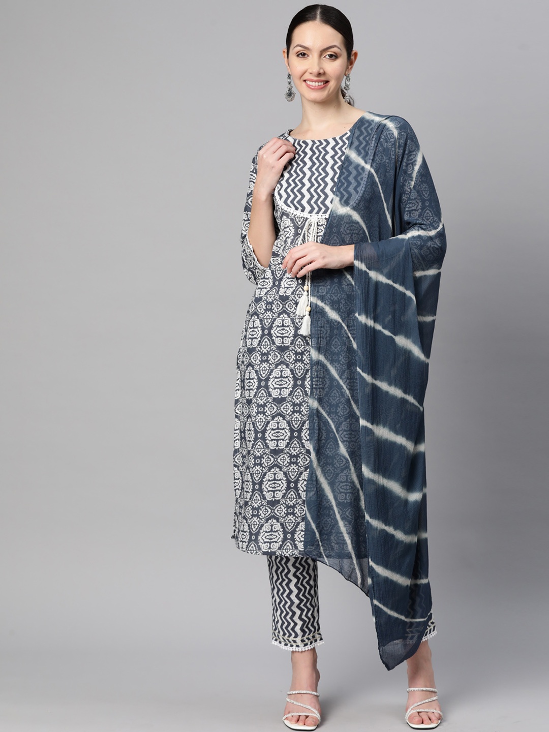 

Vbuyz Ethnic Motifs Printed Pure Cotton Straight Kurta With Trouser & Dupatta, Cream