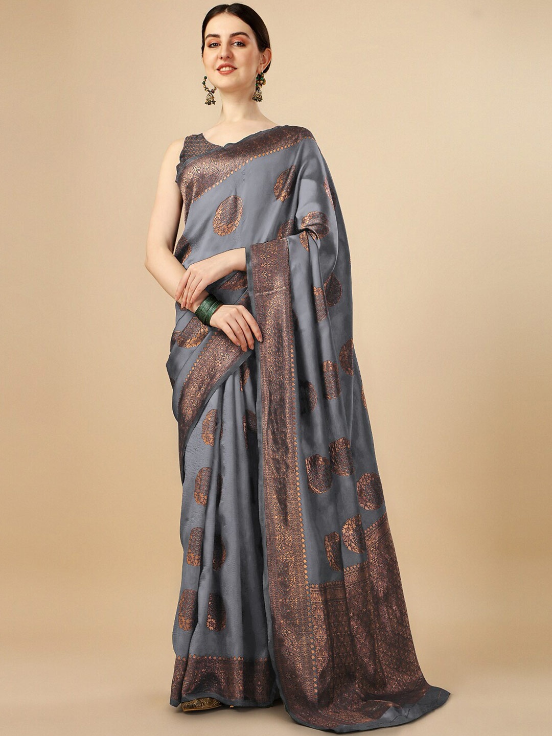

Naishu Trendz Ethnic Motifs Woven Design Zari Pure Silk Kanjeevaram Saree, Grey