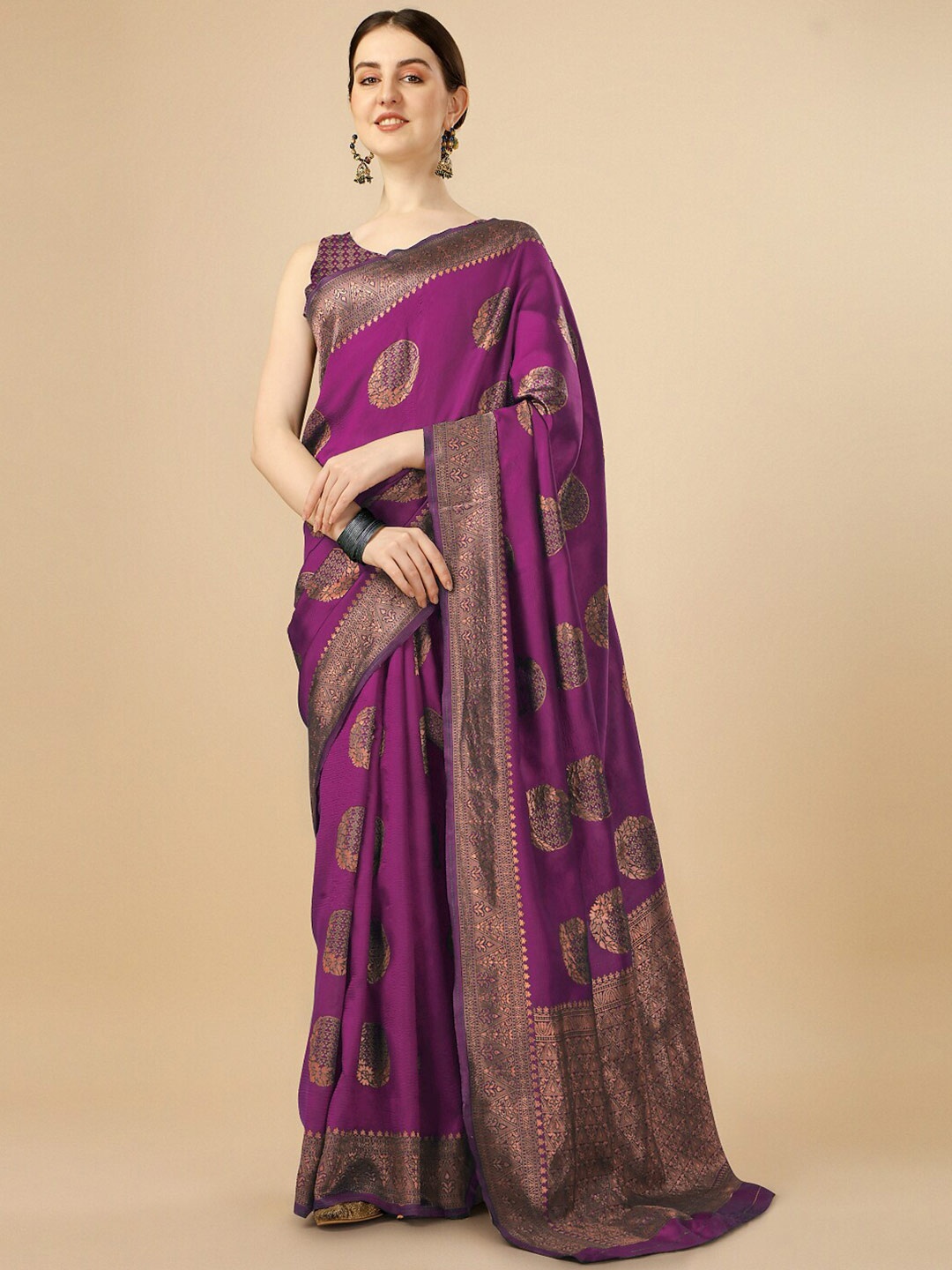 

Naishu Trendz Ethnic Motifs Woven Design Zari Pure Silk Kanjeevaram Saree, Purple