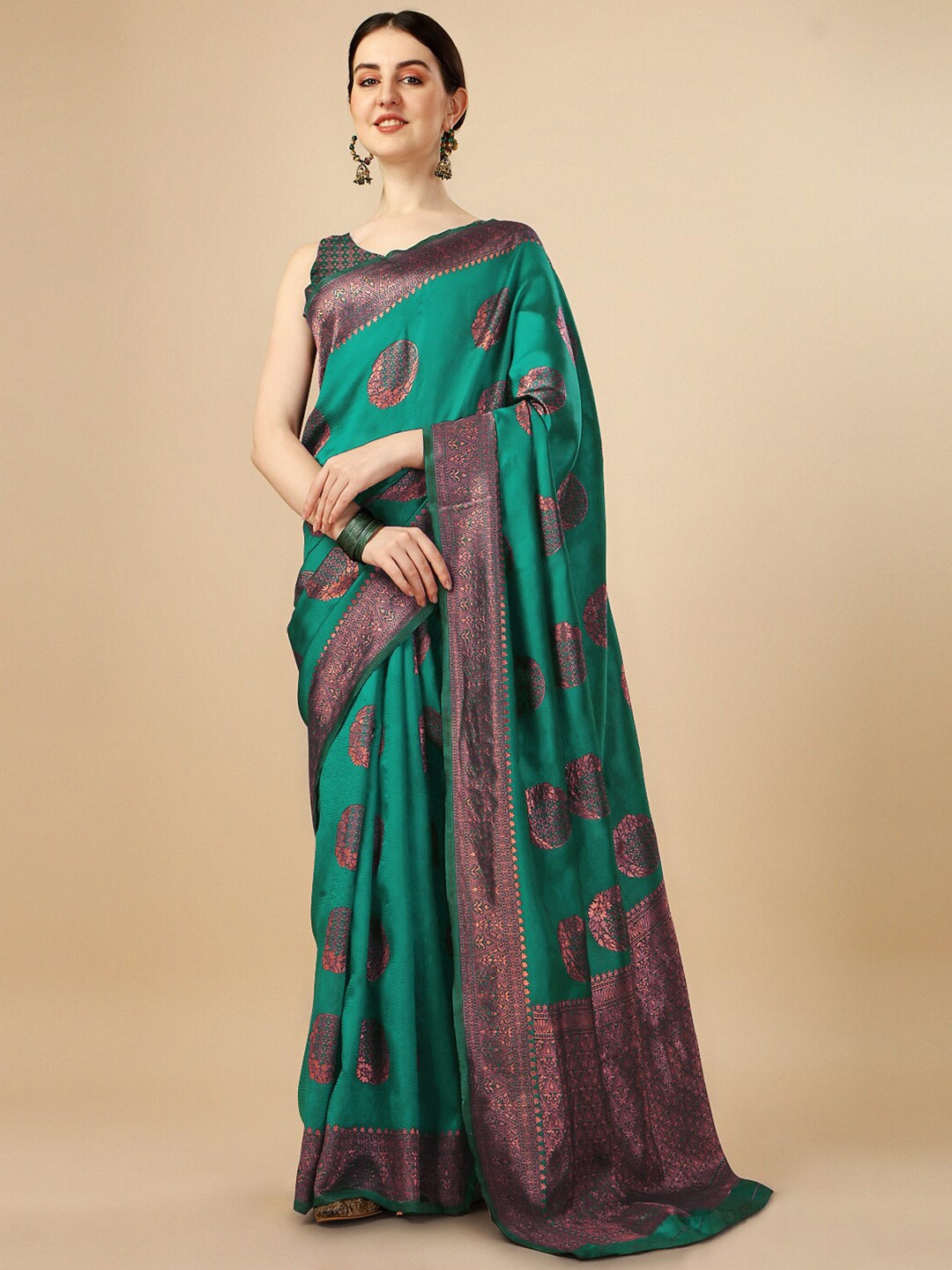 

Naishu Trendz Ethnic Motifs Woven Design Zari Pure Silk Kanjeevaram Saree, Teal