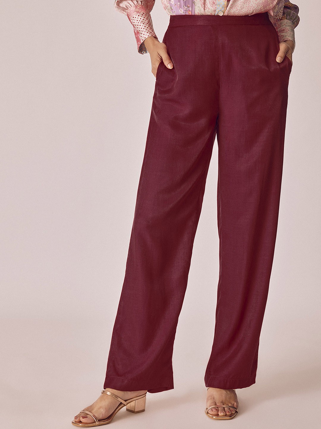 

The Label Life Women Relaxed Flared Fit High-Rise Parallel Trousers, Red