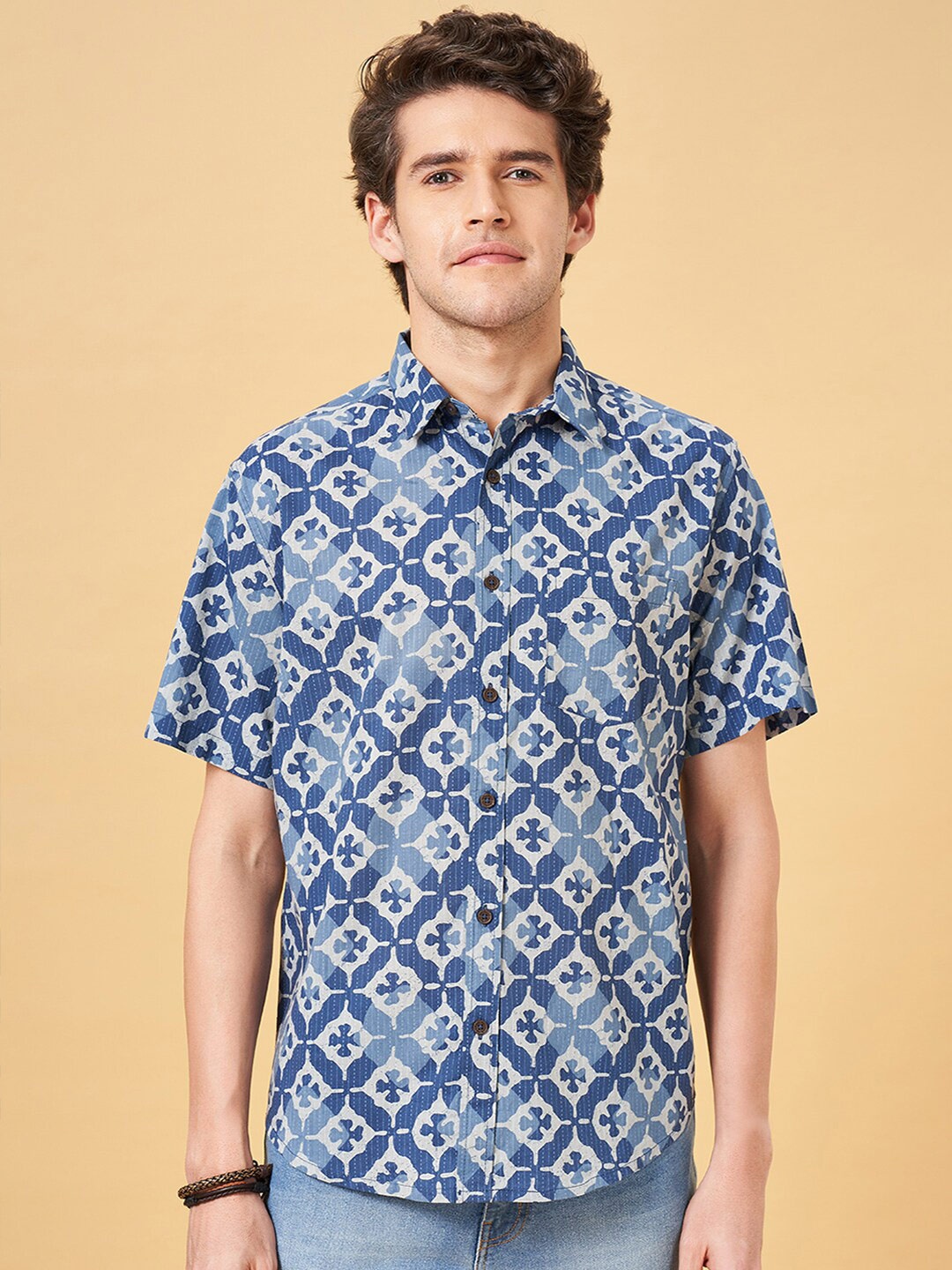 

indus route by Pantaloons Ethnic Motifs Printed Pure Cotton Casual Shirt, Blue