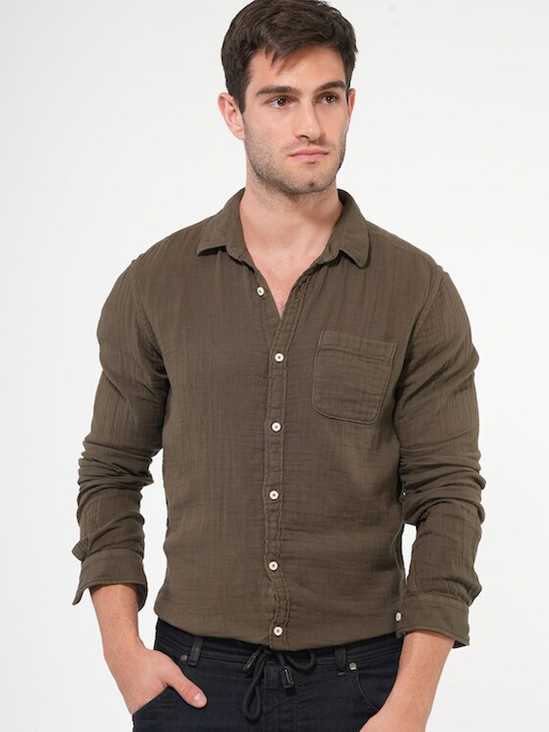 

POE Smart Slim Fit Long Sleeves Pure Cotton Casual Shirt, Olive