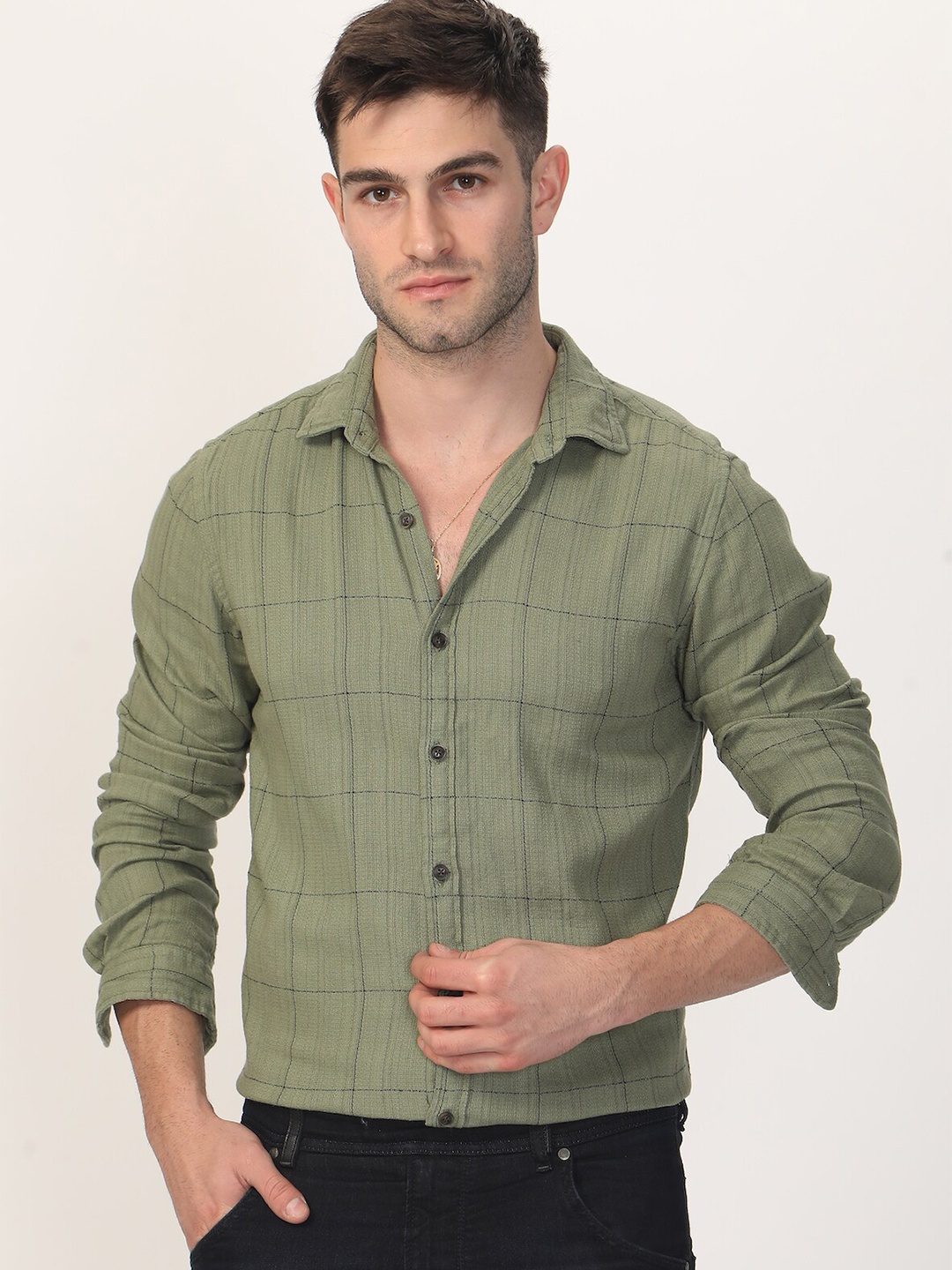 

POE Smart Slim Fit Windowpane Checked Pure Cotton Casual Shirt, Green