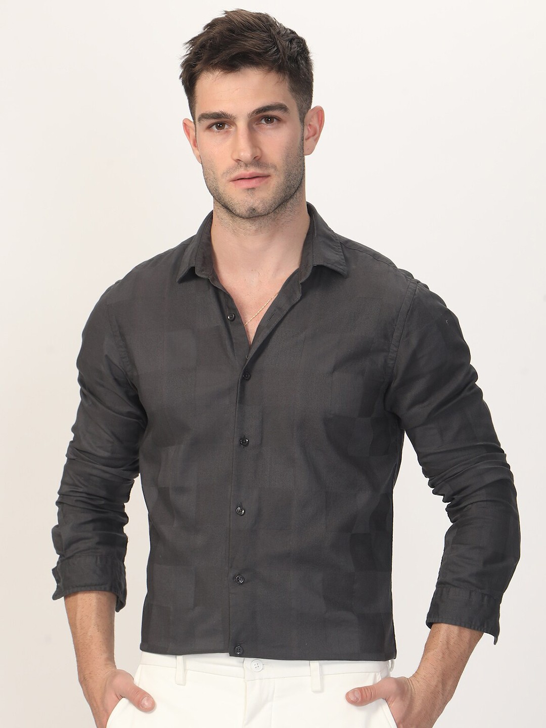 

POE Smart Slim Fit Checked Pure Cotton Casual Shirt, Grey