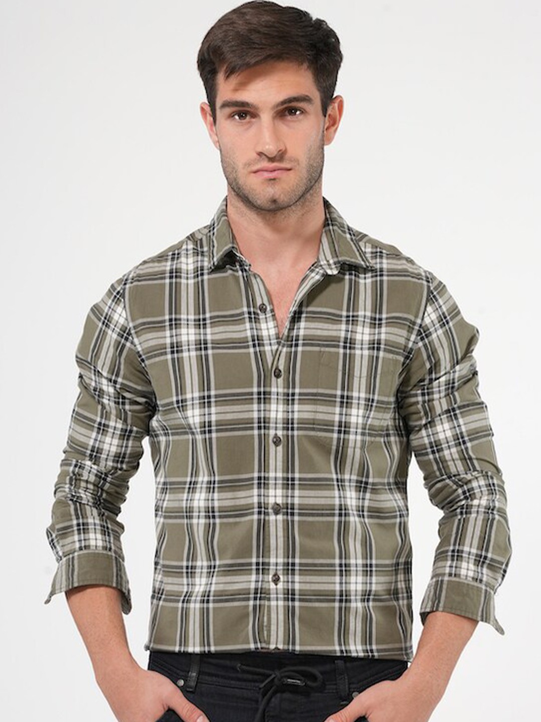 

POE Smart Slim Fit Tartan Checked Pure Cotton Casual Shirt, Green