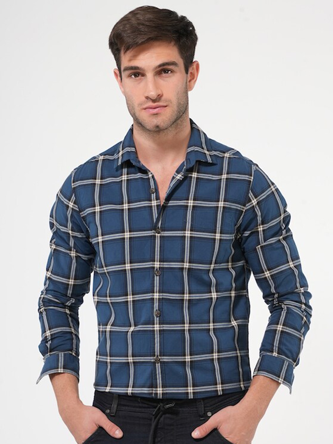 

POE Smart Slim Fit Windowpane Checked Pure Cotton Casual Shirt, Blue