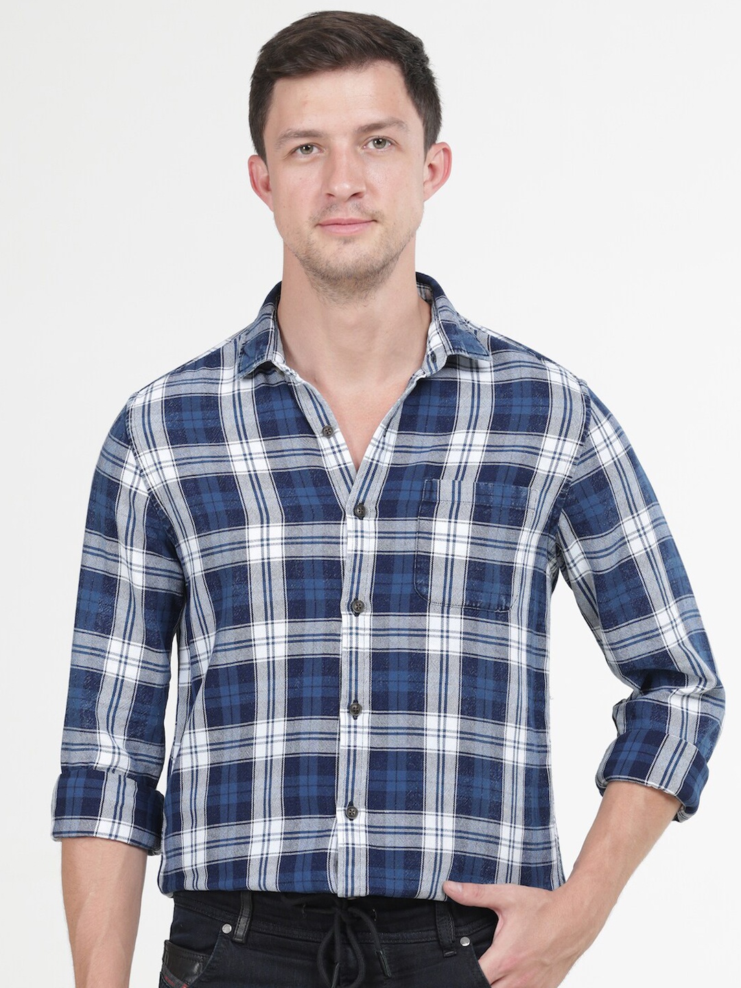 

POE Smart Slim Fit Tartan Checked Pure Cotton Casual Shirt, Navy blue