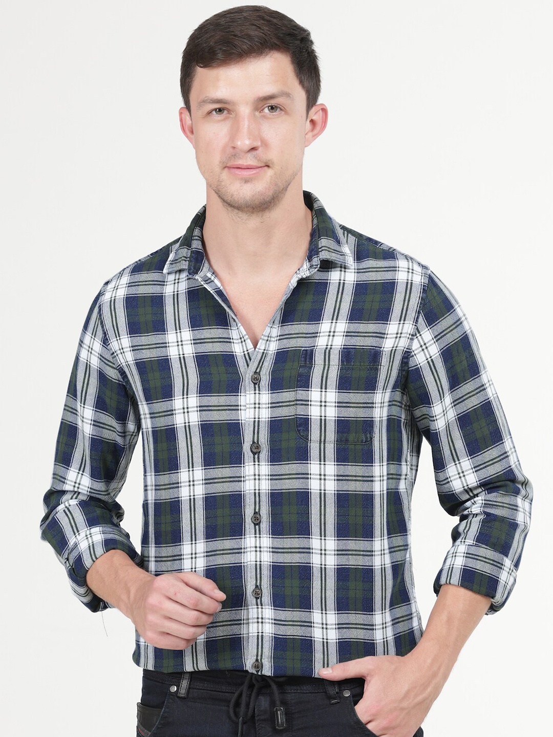 

POE Smart Slim Fit Tartan Checked Pure Cotton Casual Shirt, Green