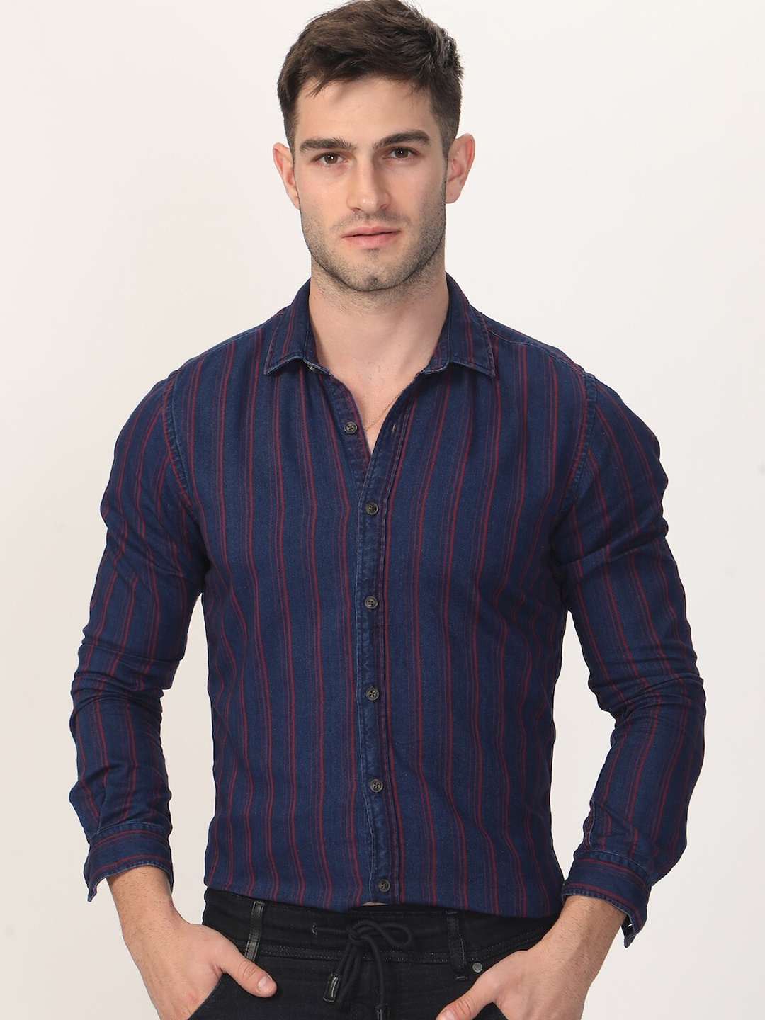 

POE Smart Slim Fit Striped Pure Cotton Casual Shirt, Red