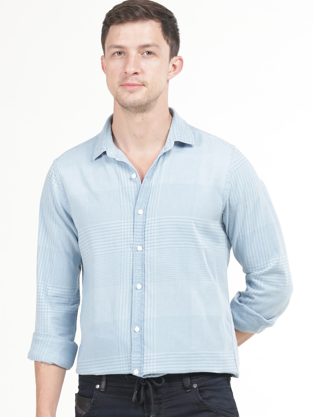 

POE Smart Slim Fit Micro Checked Pure Cotton Casual Shirt, Blue