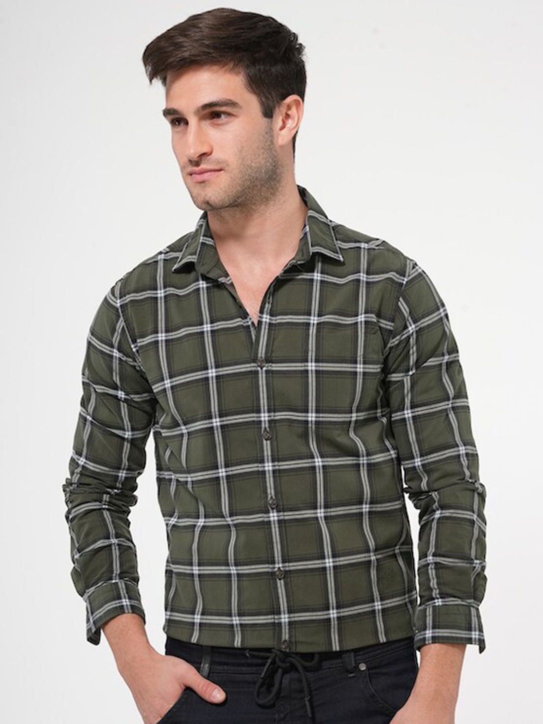 

POE Smart Slim Fit Tartan Checked Pure Cotton Casual Shirt, Olive