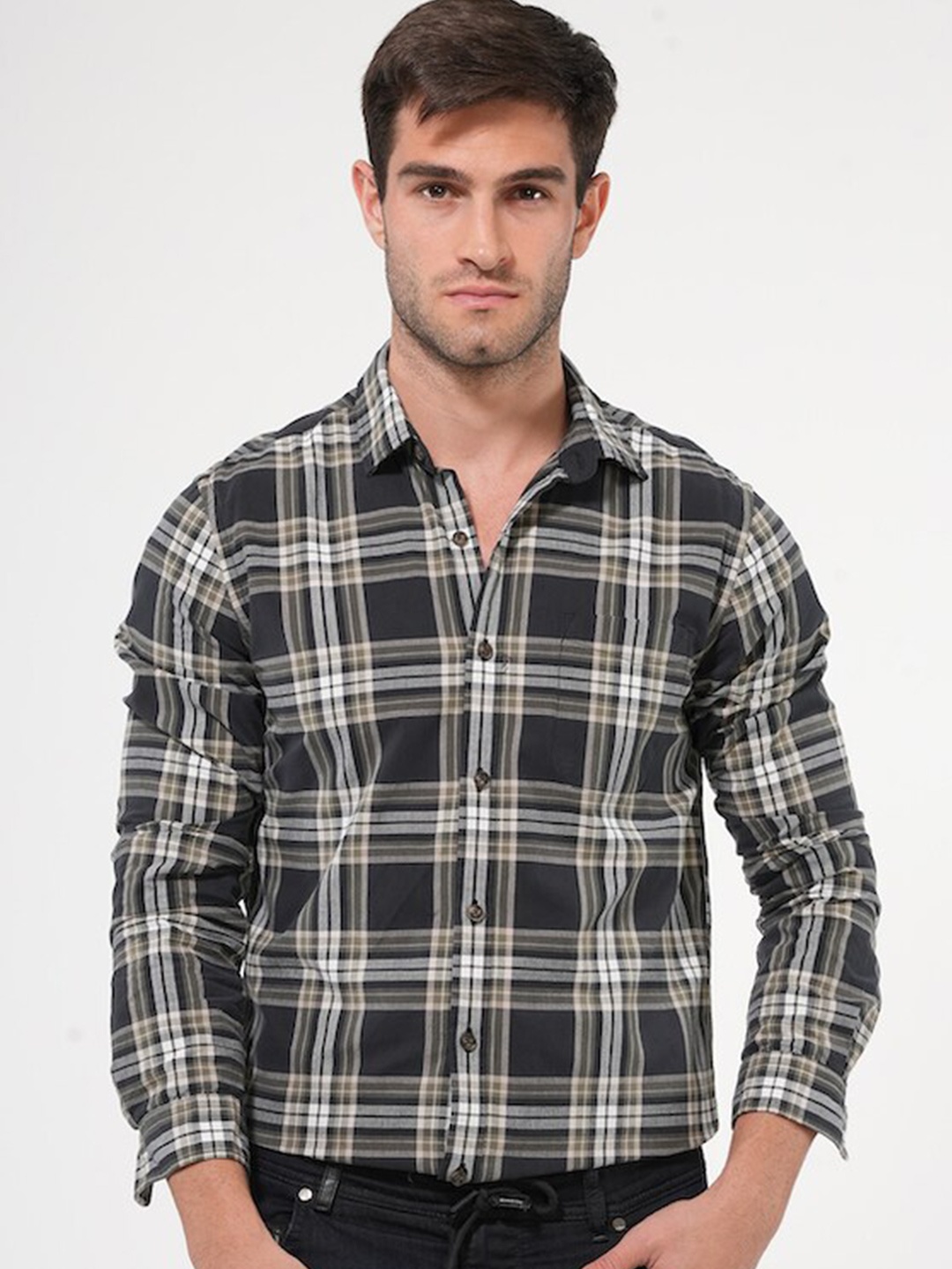 

POE Smart Slim Fit Tartan Checked Pure Cotton Casual Shirt, Black