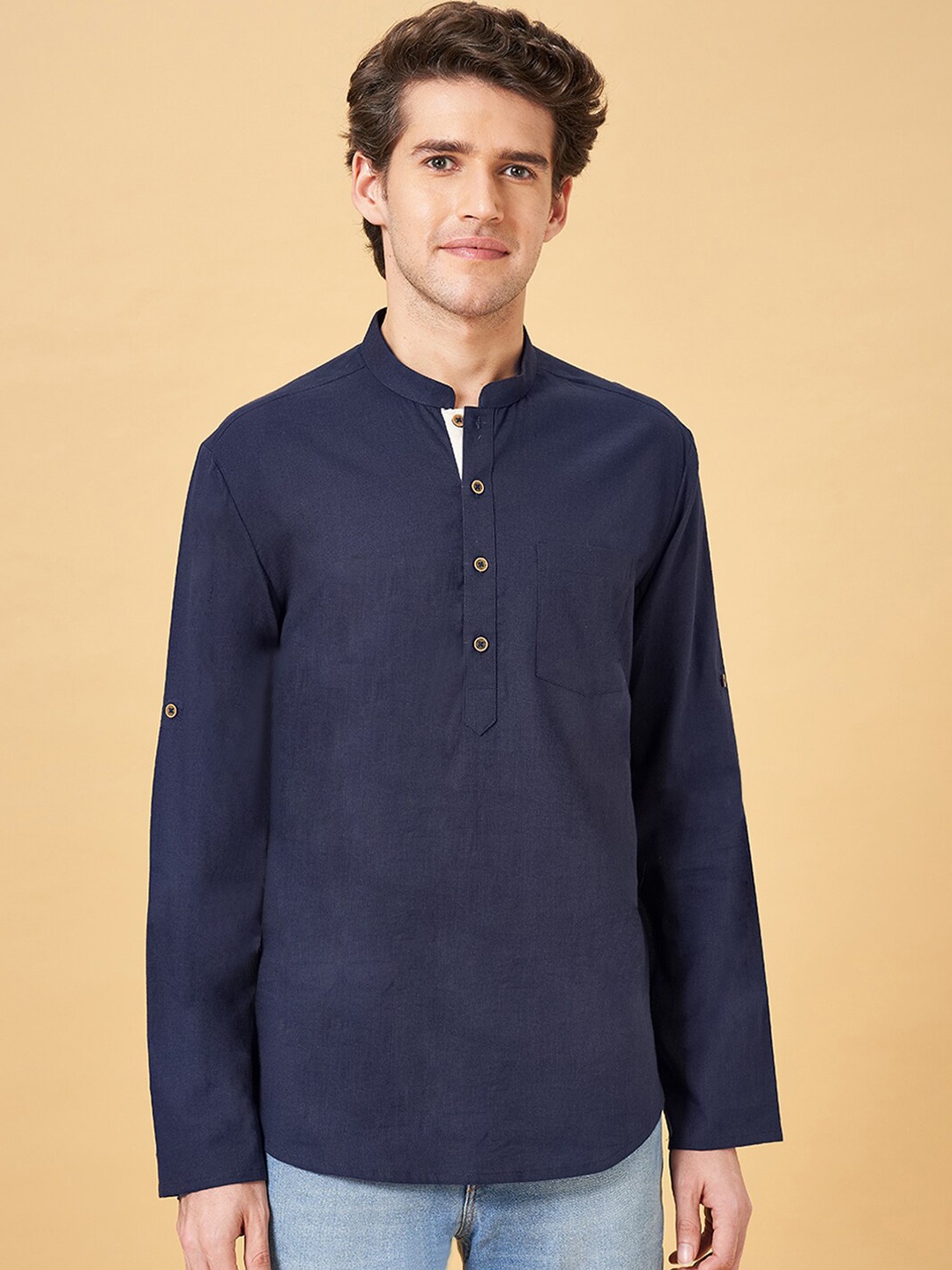 

indus route by Pantaloons Mandarin Collar Cotton Linen Staight Kurta, Navy blue