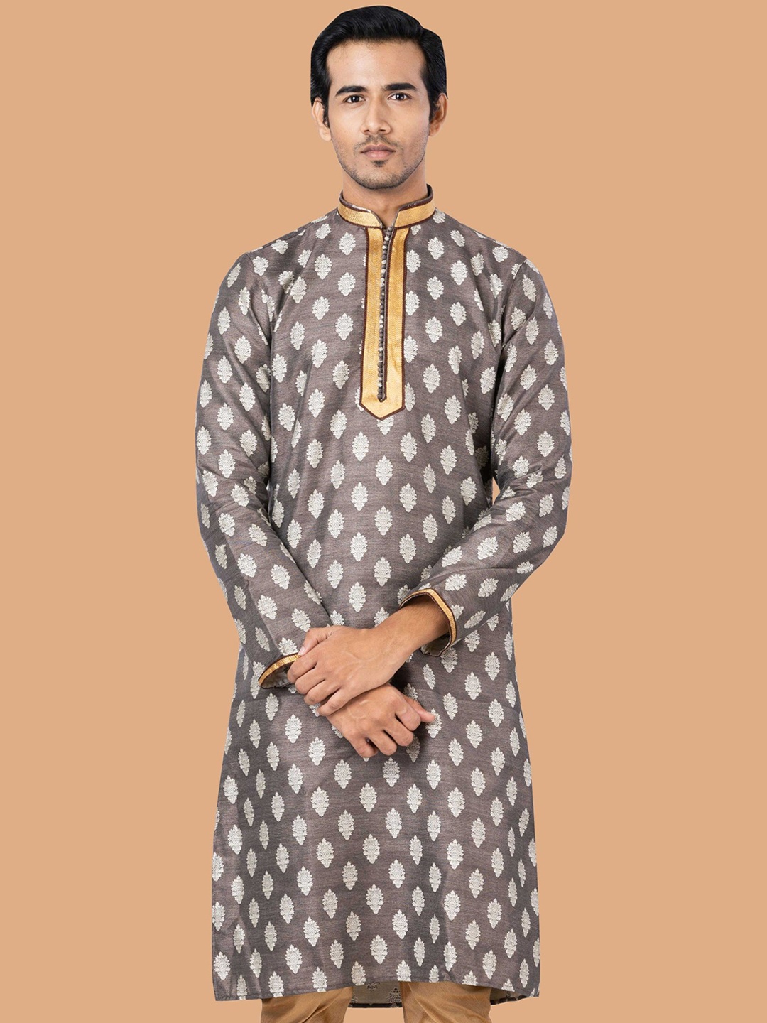 

ROOTED LIBAAS Paisley Woven Design Mandarin Collar Jacquard Straight Kurta, Grey