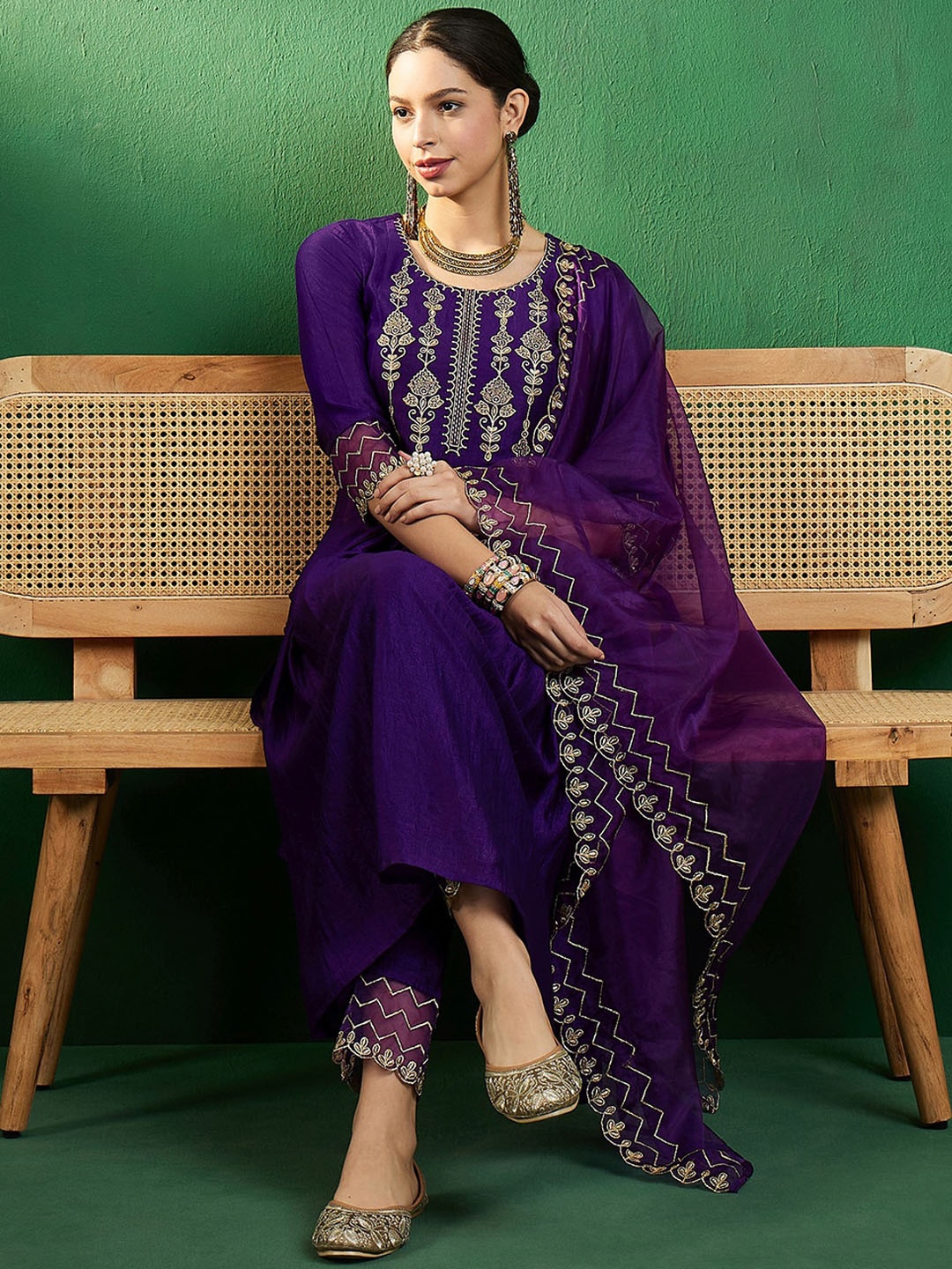 

Sangria Zari Embroidered A-Line Kurta Sets, Purple