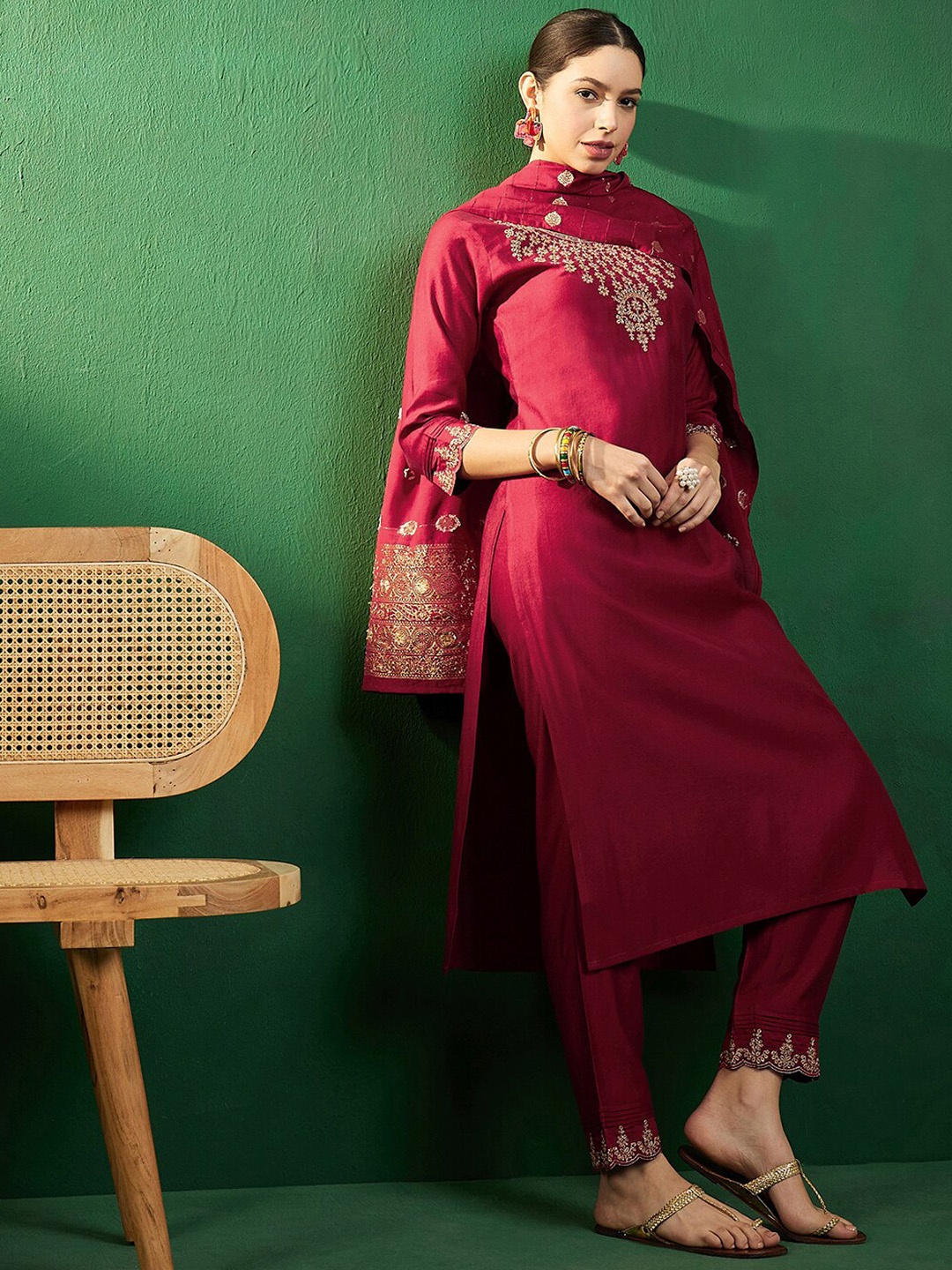 

Sangria Maroon & Silver Toned Embroidered Straight Kurta With Trouser & Dupatta Set